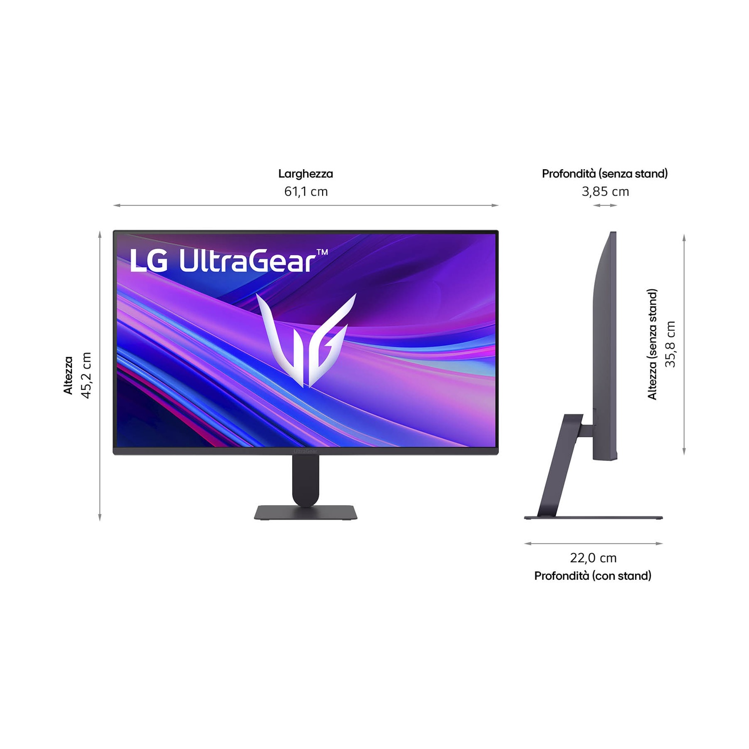 Monitor LG UltraGear, dimensioni etichettate. Vista frontale mostra lo schermo, vista laterale mostra lo spessore. Misure in cm.