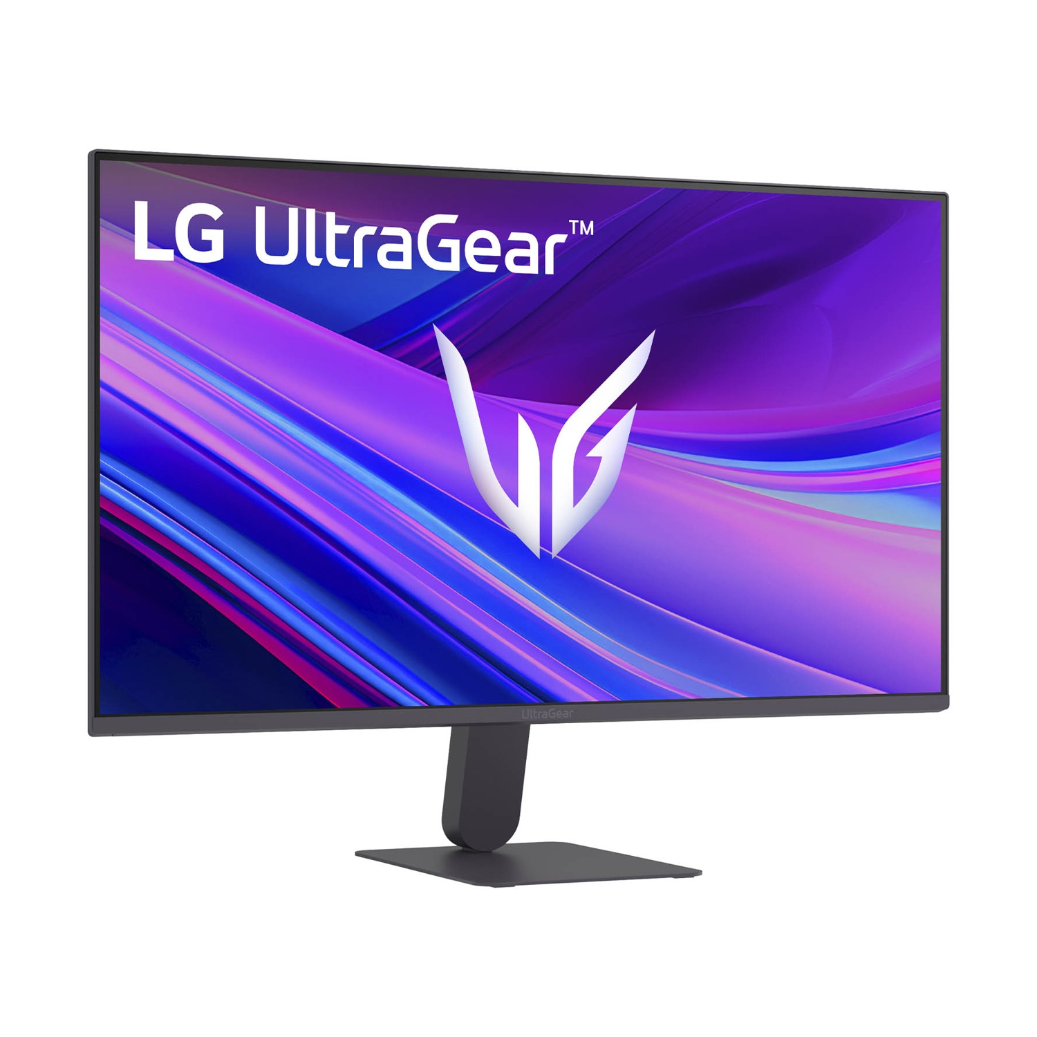 Un monitor LG UltraGear. Lo schermo mostra un design astratto colorato. Il monitor ha una cornice e un supporto neri, su sfondo bianco.