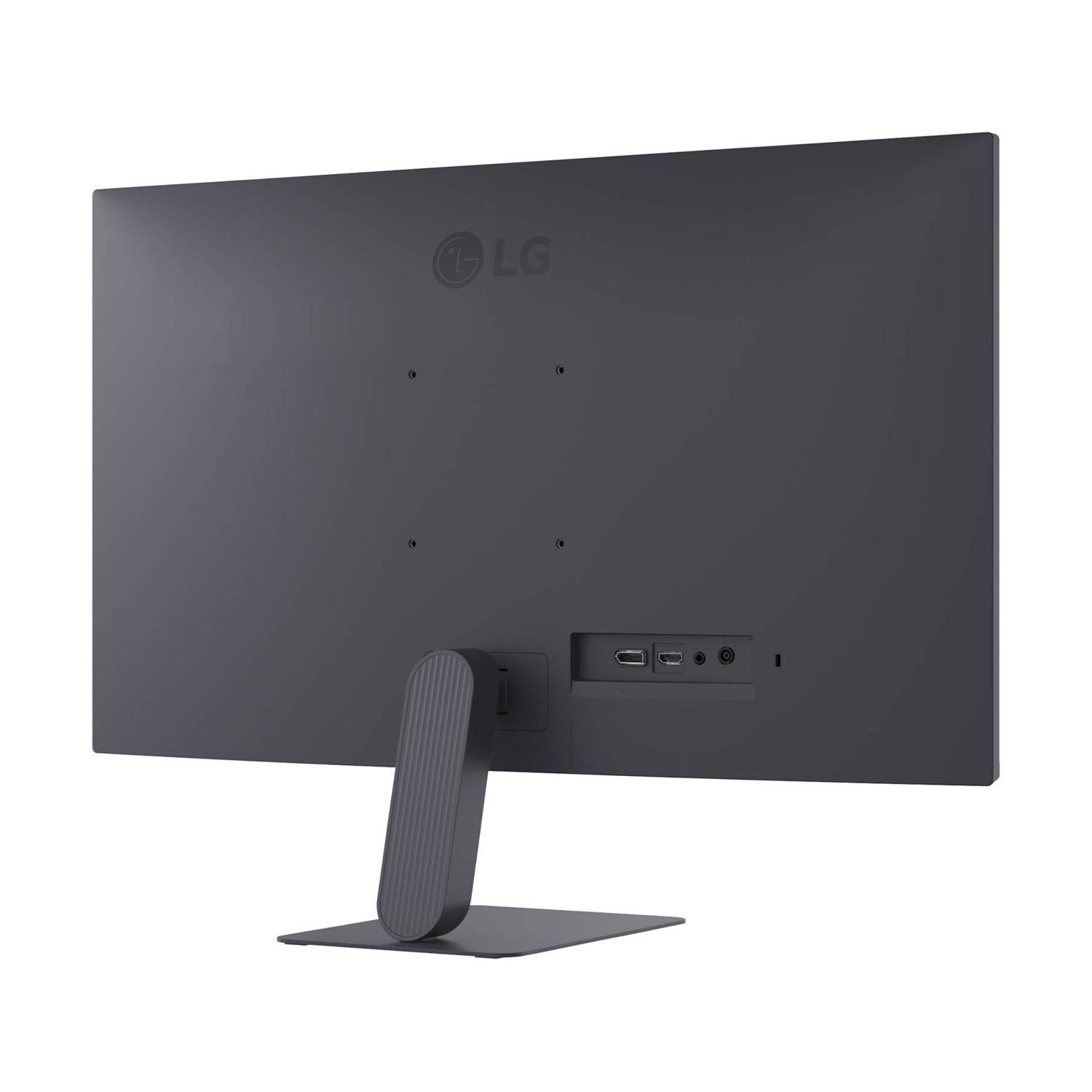 Viene mostrato il retro di un monitor LG grigio. Il monitor ha un supporto e delle porte. Il logo LG è visibile.
