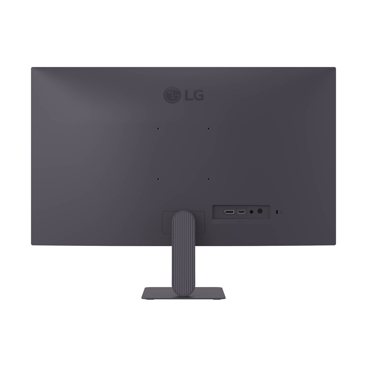 Vista posteriore di un monitor LG grigio scuro. Ha un supporto, porte e il logo LG in alto. Il supporto e la base sono grigio scuro.
