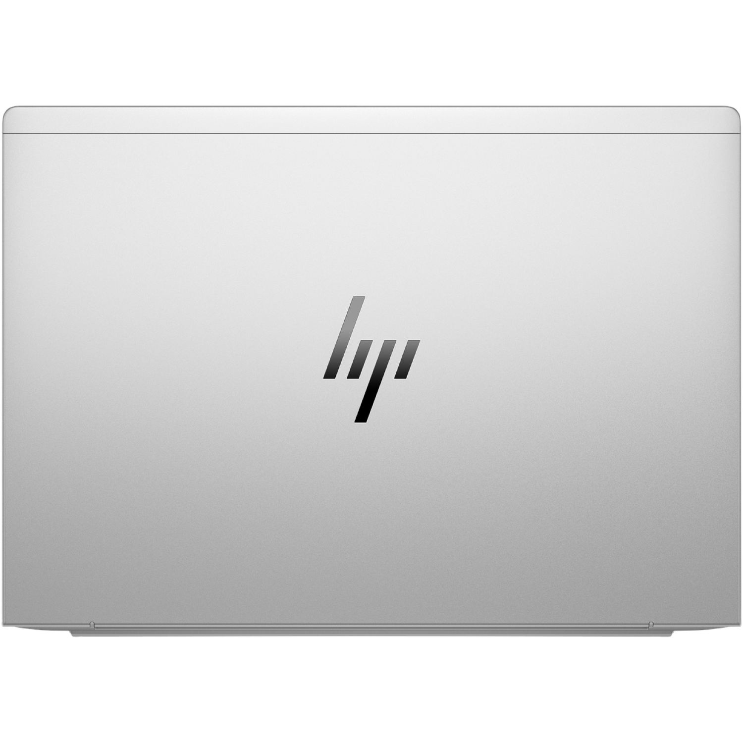 Zilveren laptopdeksel met HP-logo in het midden. De laptop heeft een rechthoekige vorm en een glad oppervlak.