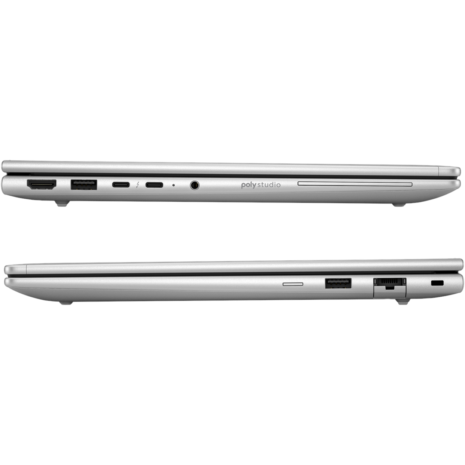 Twee zilveren laptops worden naast elkaar getoond. De bovenste laptop toont verschillende poorten, waaronder HDMI, USB en een audio-aansluiting.