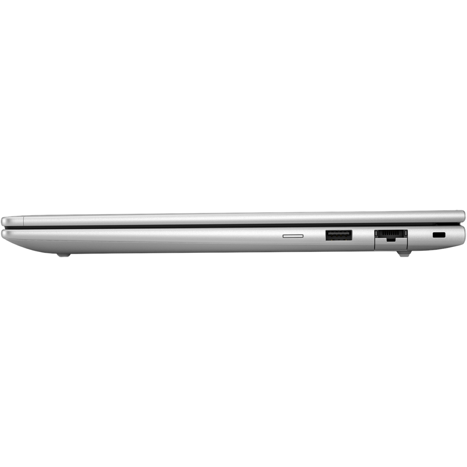 Zijaanzicht van een zilveren laptop. Zichtbare poorten zijn USB, SD-kaartlezer en oplaadpoort. De laptop is gesloten.