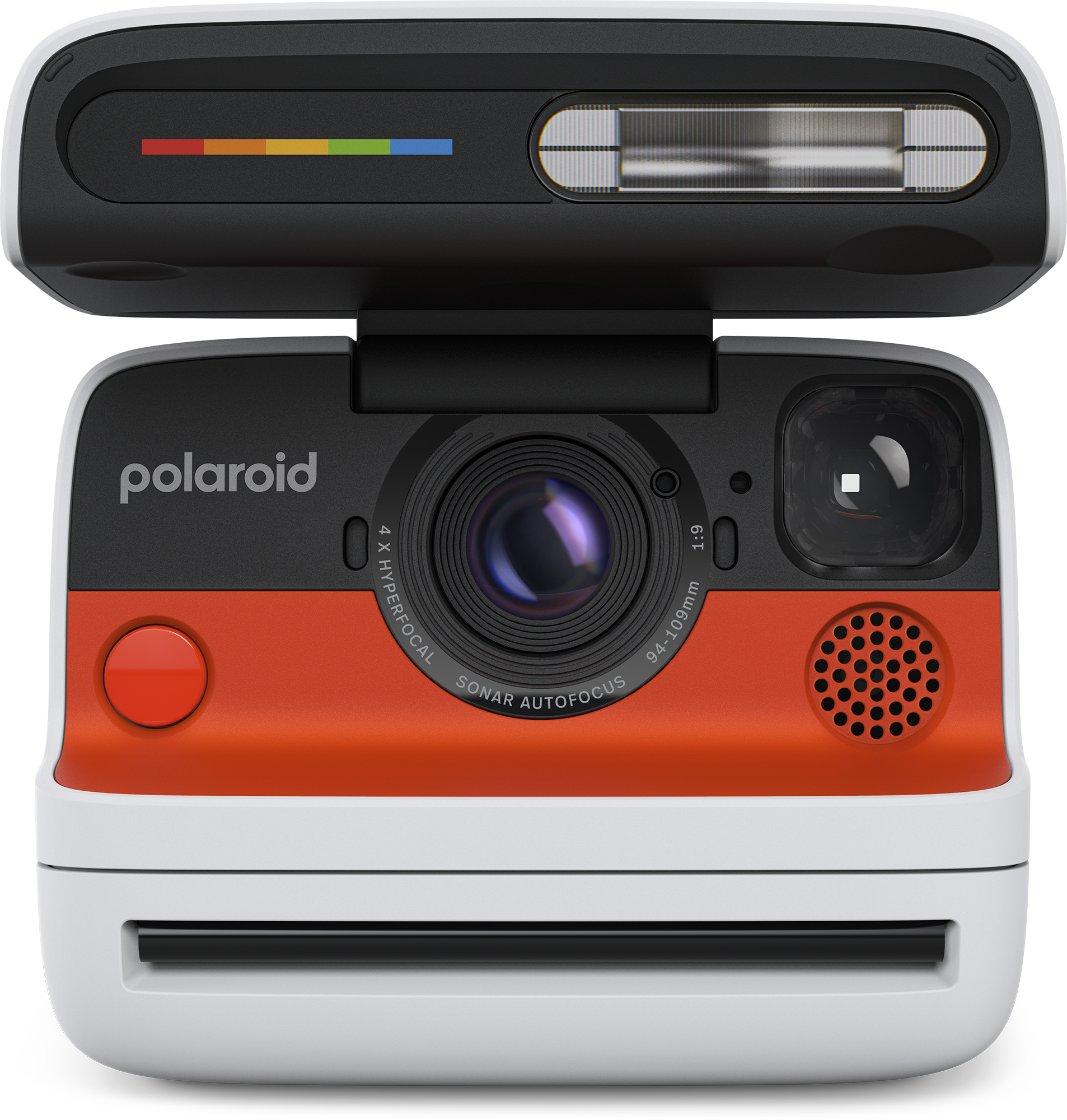 Polaroid instant fényképezőgép. Fekete felső, narancs és fehér test. Lencse, vaku és piros gomb látható.