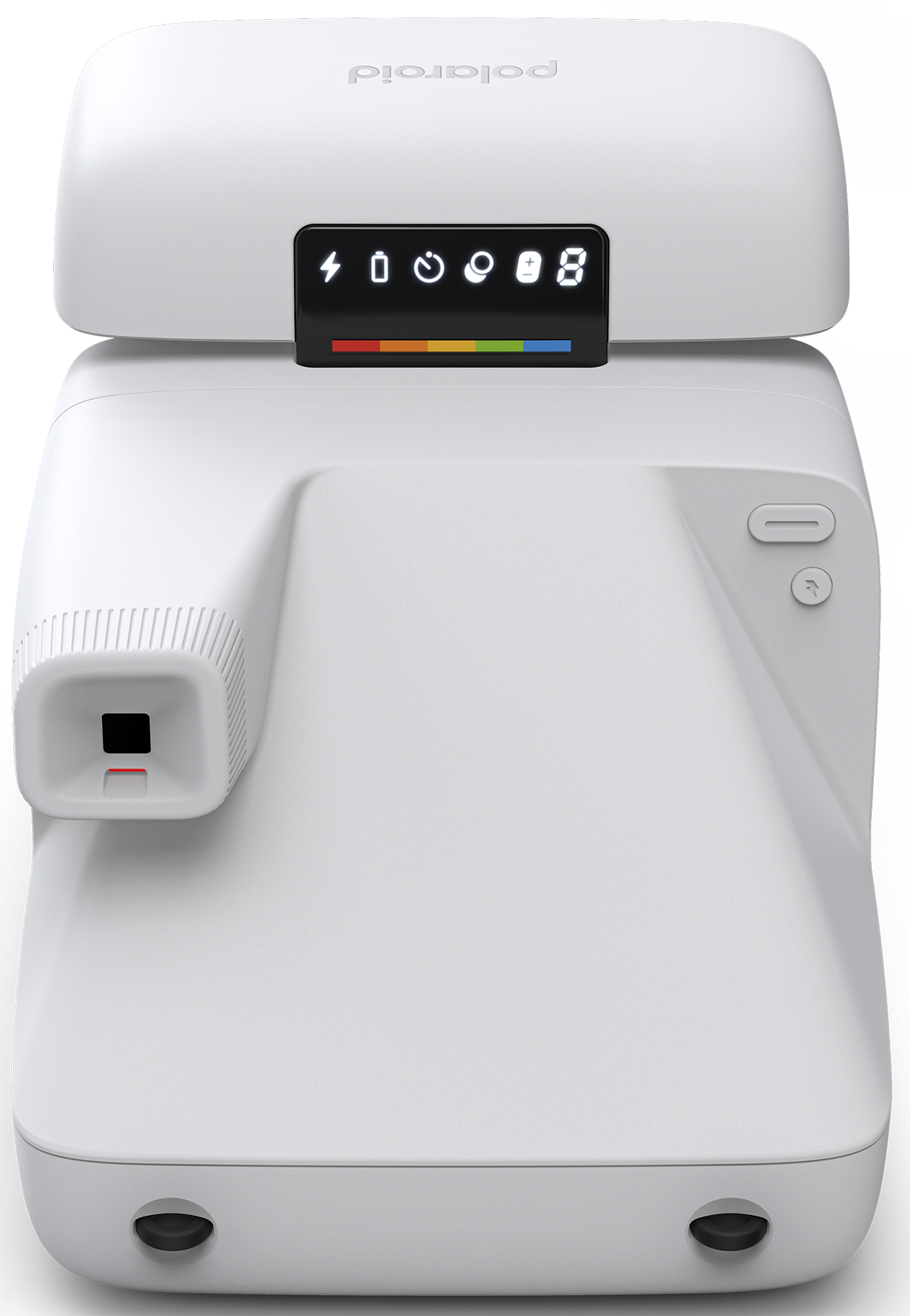 Fehér Polaroid kamera. Van egy kijelzője, amely az akkumulátort és a fotók számát mutatja. Az objektív a bal oldalon van.