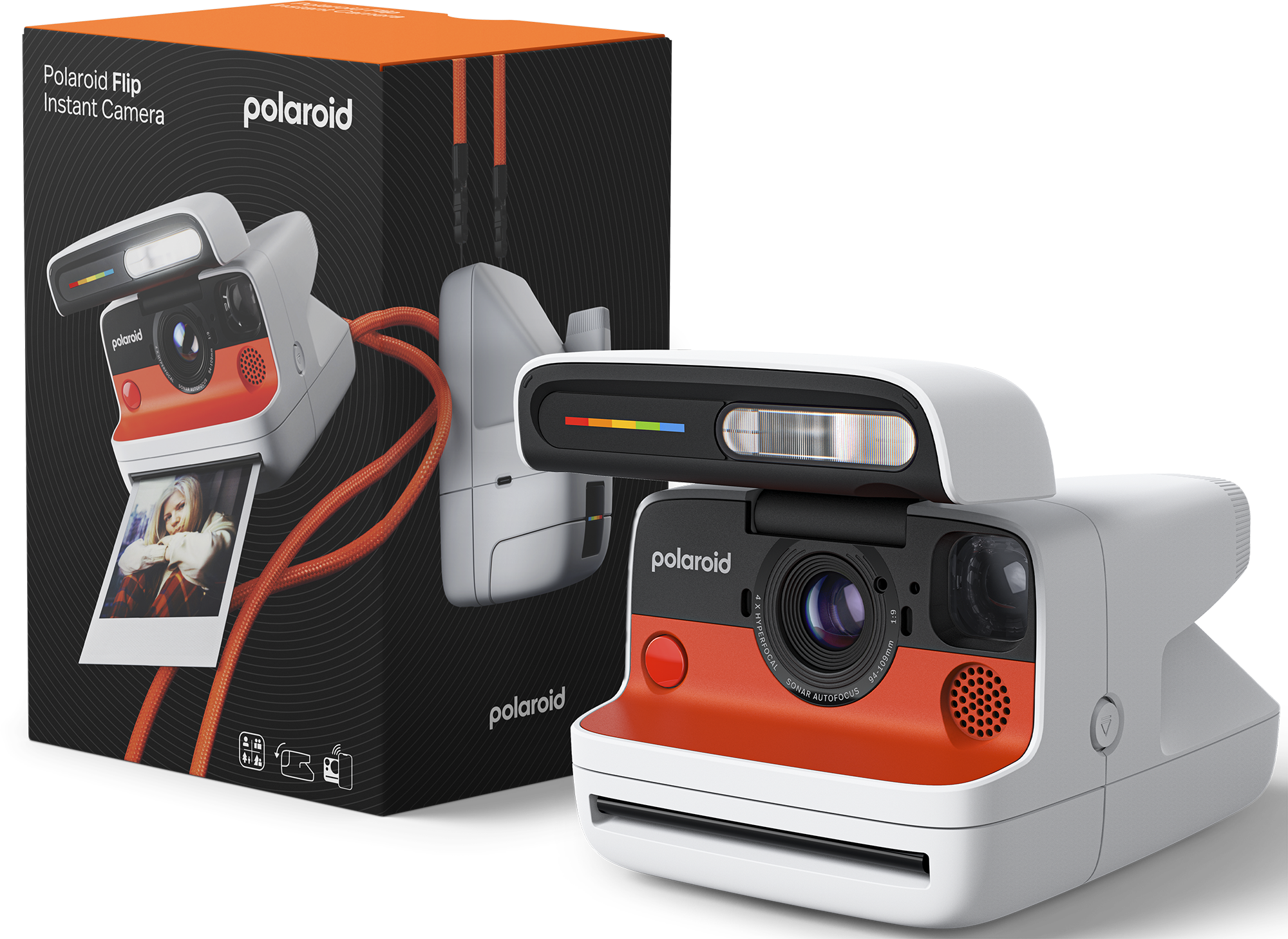 Polaroid instant kamera narancssárga részletekkel. A dobozon kamera és fotó látható. A kamerán vaku, lencse és szivárványcsík van.