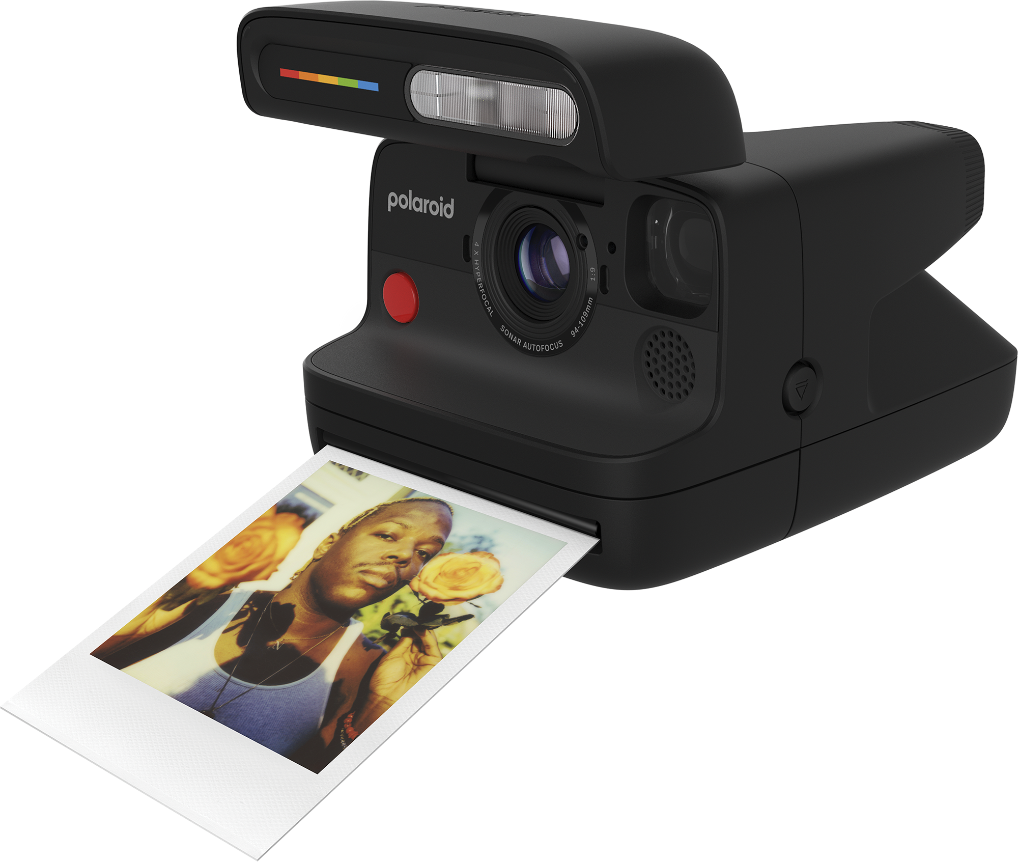Egy fekete Polaroid fényképezőgép, egy sárga rózsát tartó személy fotójával. A kamerán vaku és piros gomb található.