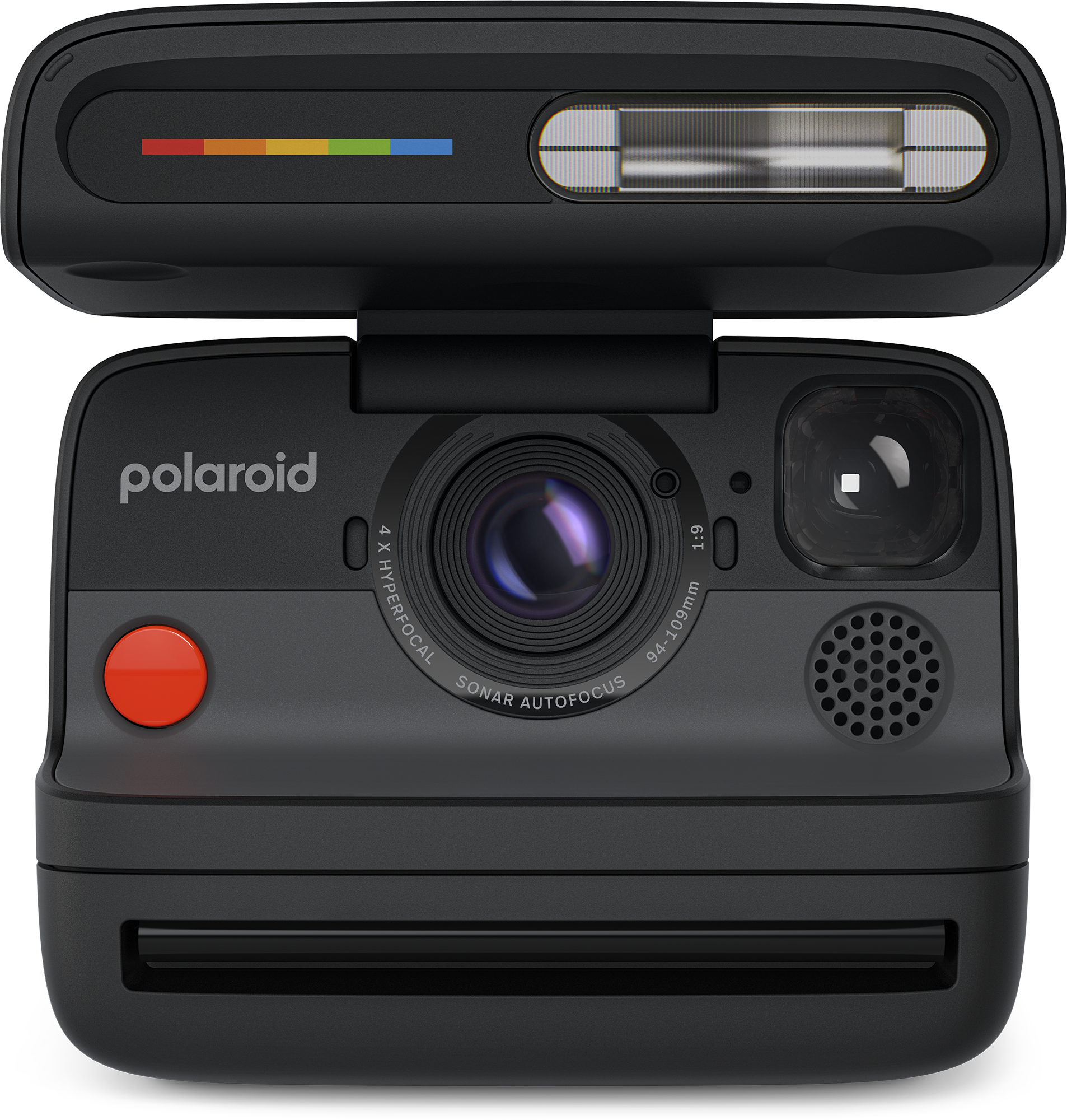 Fekete Polaroid fényképezőgép vakuval, piros gombbal és szivárványszínű csíkkal.