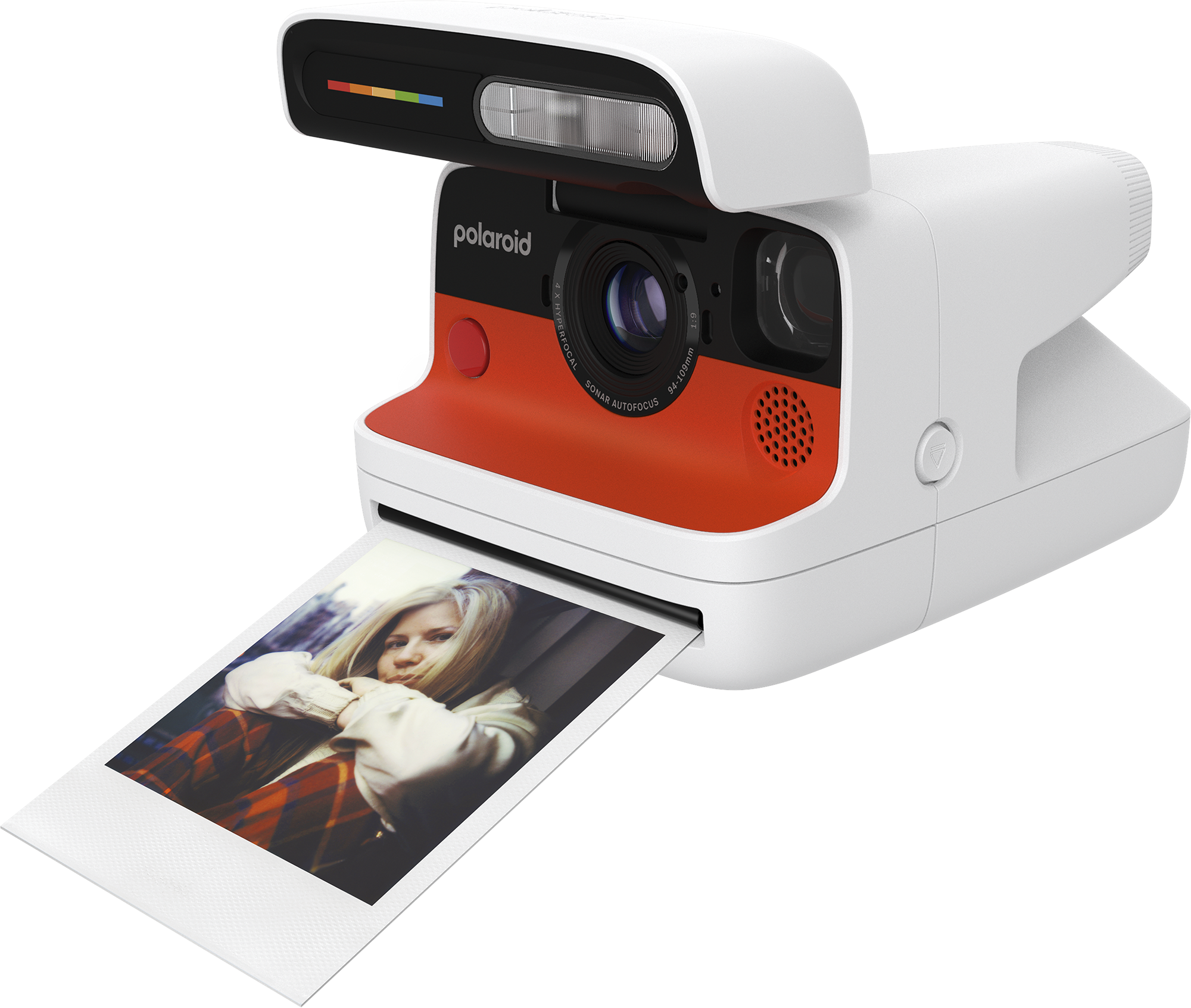 Polaroid kamera, fehér és narancssárga, egy nő fotójával. Színek: piros, narancs és fekete. Szivárvány látható.