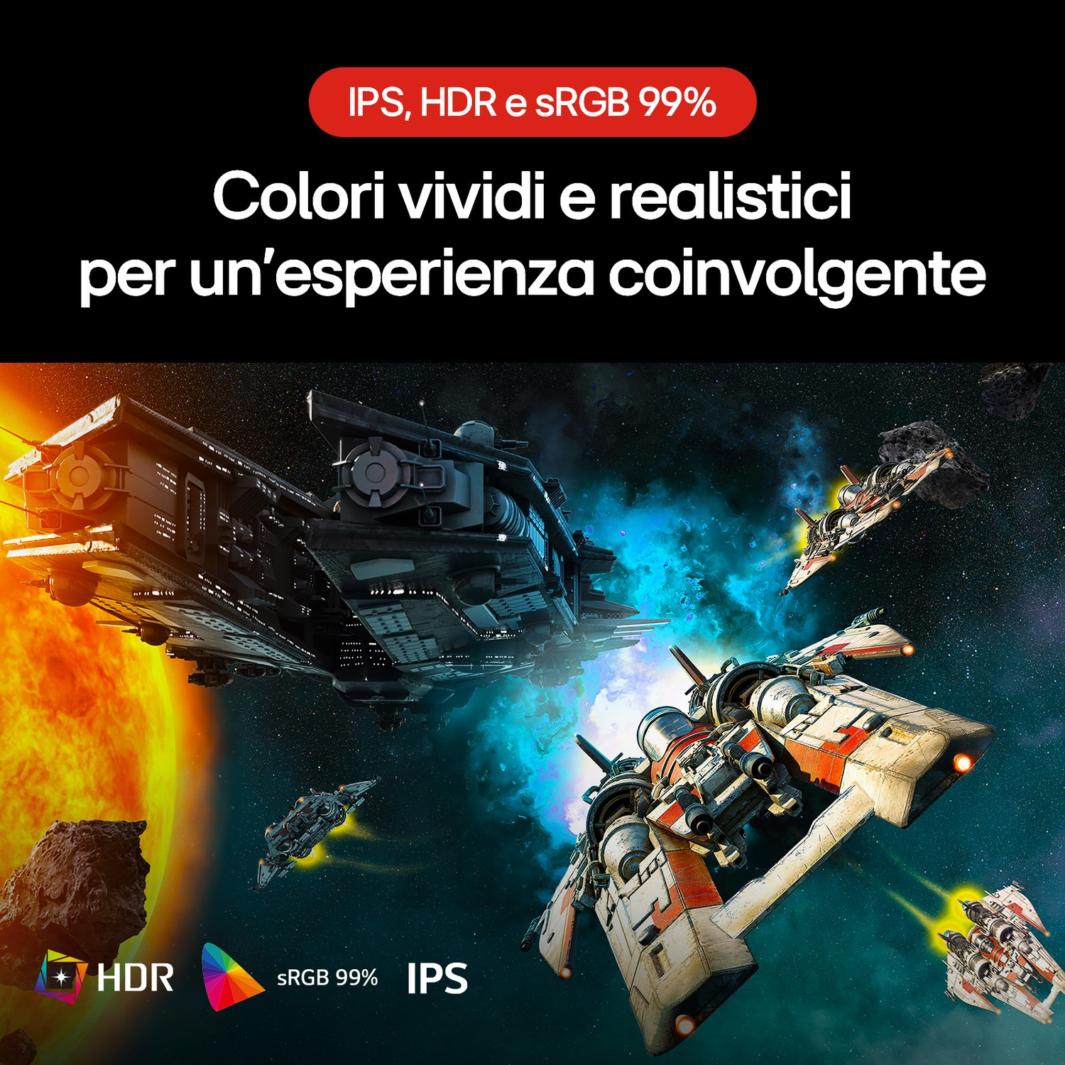 Scena fantascientifica: astronavi nello spazio con una grande nave sullo sfondo e navi più piccole in primo piano.