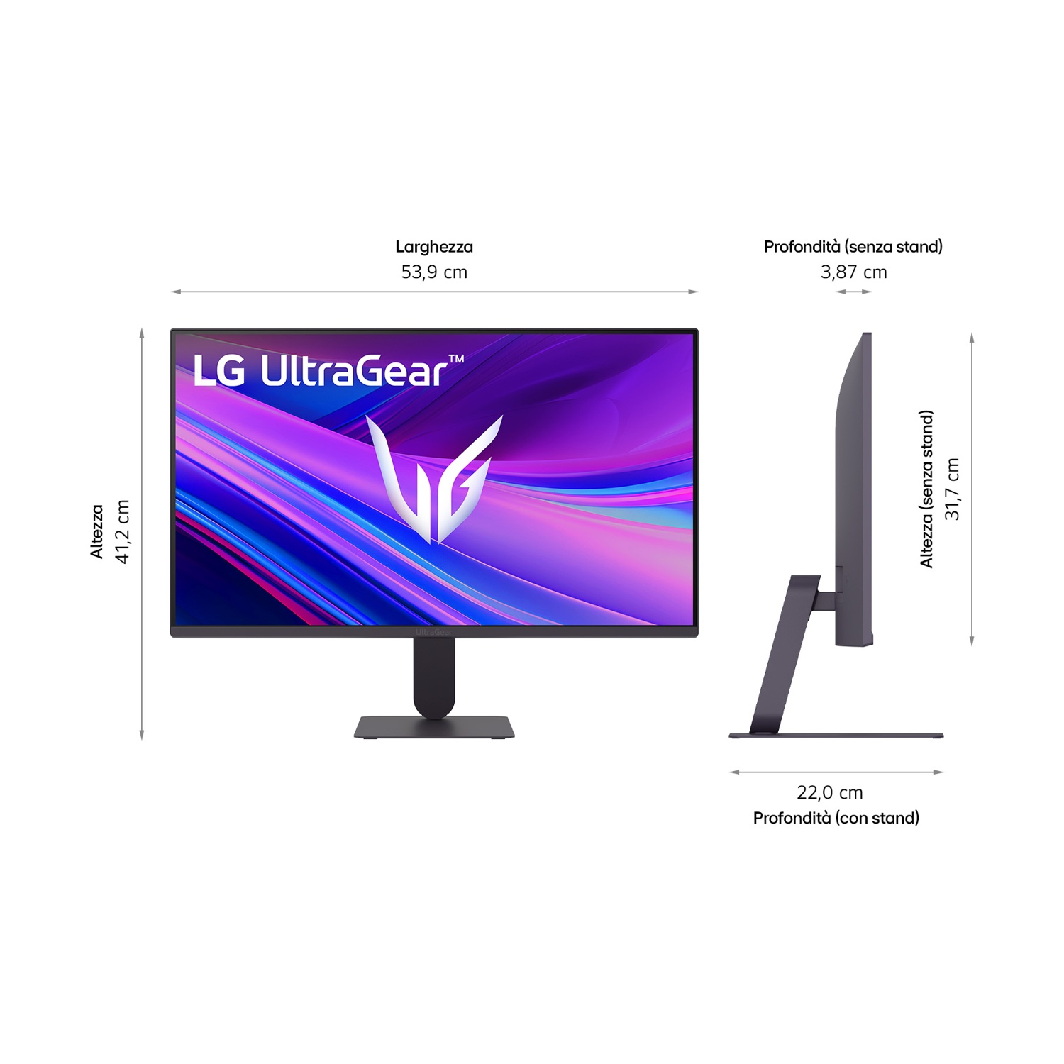 Monitor LG UltraGear, dimensioni etichettate. Vista frontale mostra schermo con arte astratta viola e blu. Vista laterale mostra spessore.