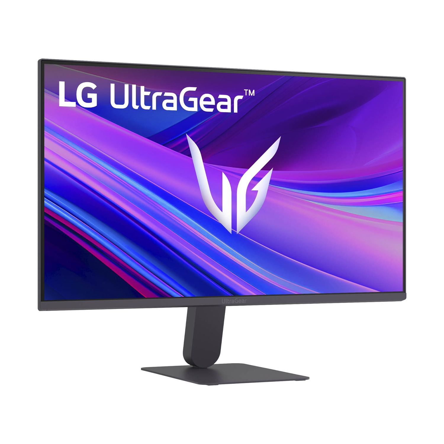Monitor LG UltraGear. Il display mostra un design astratto viola e blu. Logo UltraGear bianco. Cornice, supporto e base grigio scuro.