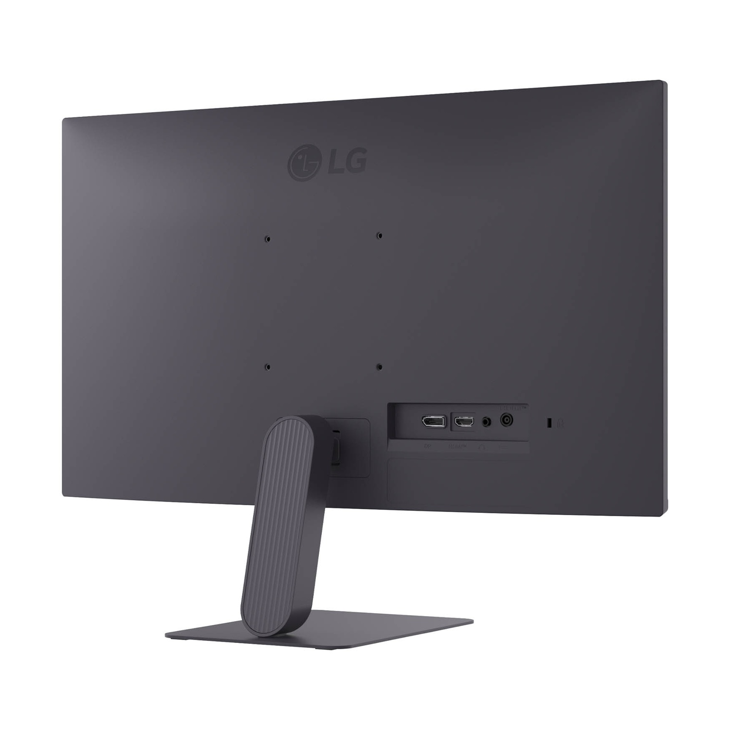 Vista posteriore di un monitor LG grigio scuro. Ha un supporto e varie porte. Il logo LG è visibile. Lo sfondo è bianco.