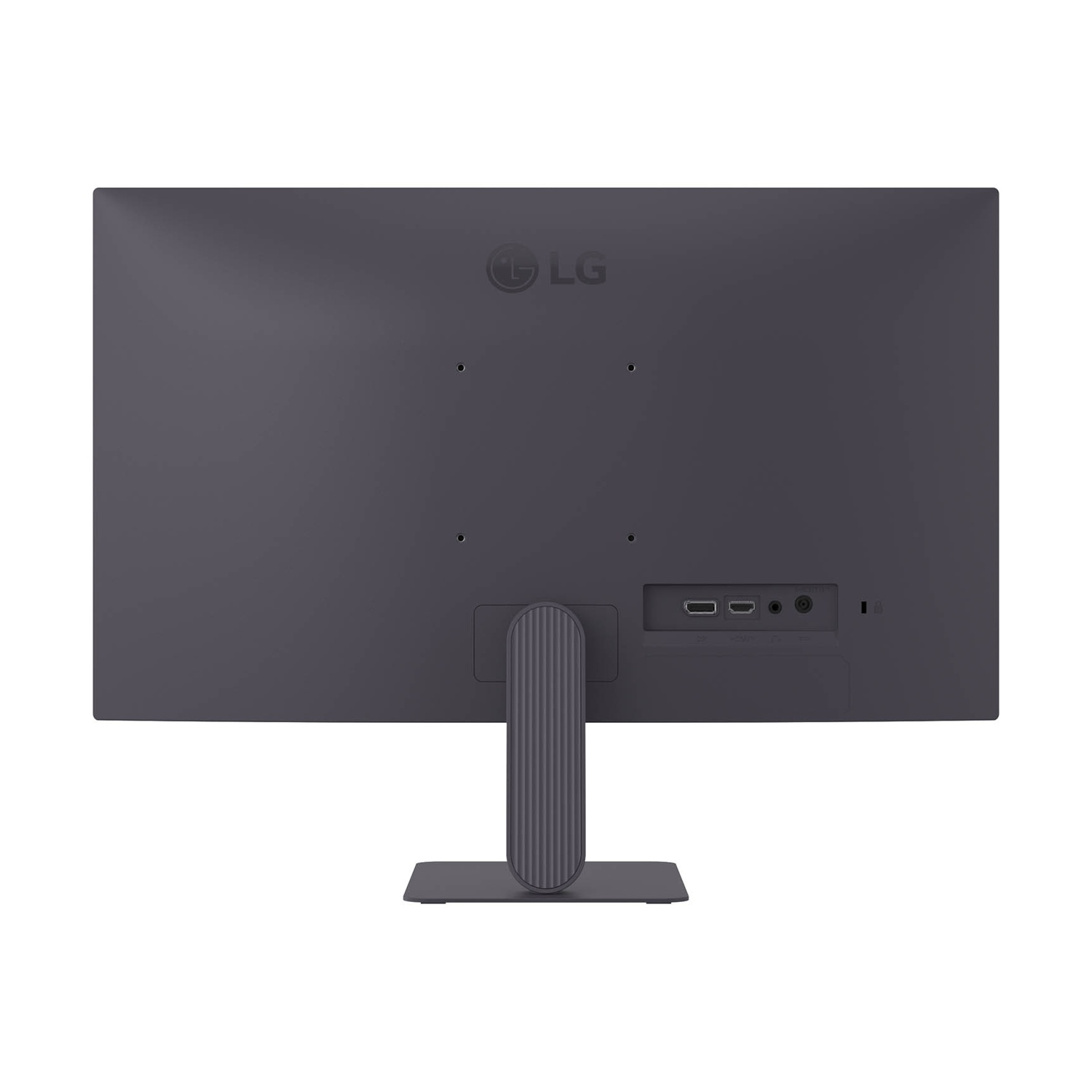 Retro di un monitor LG grigio scuro. Ha un supporto, porte e il logo LG in alto. Lo sfondo è bianco.
