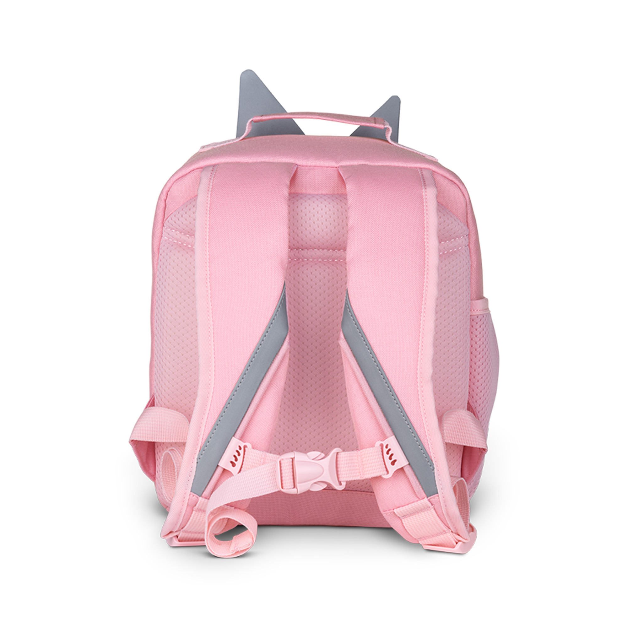 Rosa Rucksack mit Katzenohren. Merkmale gepolsterter Rücken, Schultergurte und reflektierende Akzente. Weißer Hintergrund.