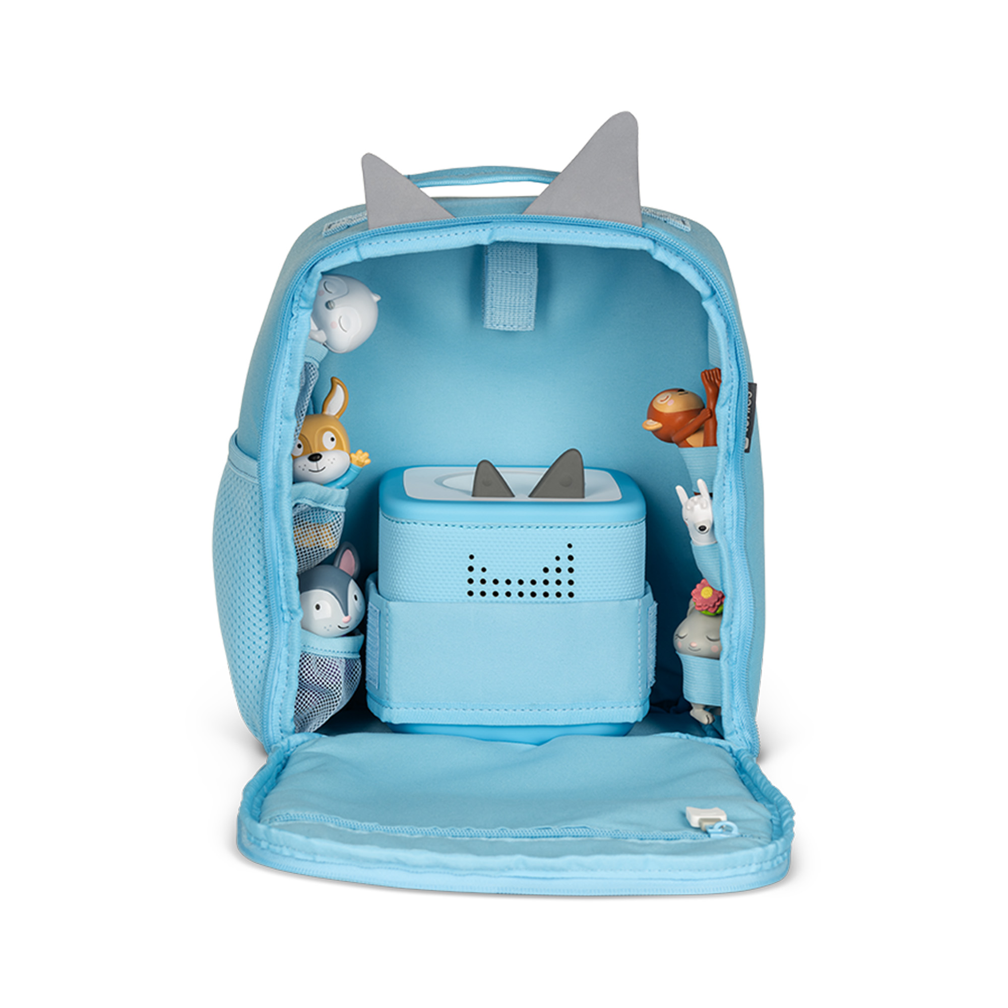 Blauer Rucksack mit Tierfiguren. Im Inneren befindet sich ein blauer Lautsprecher mit Ohren. Der Rucksack hat graue Ohren.