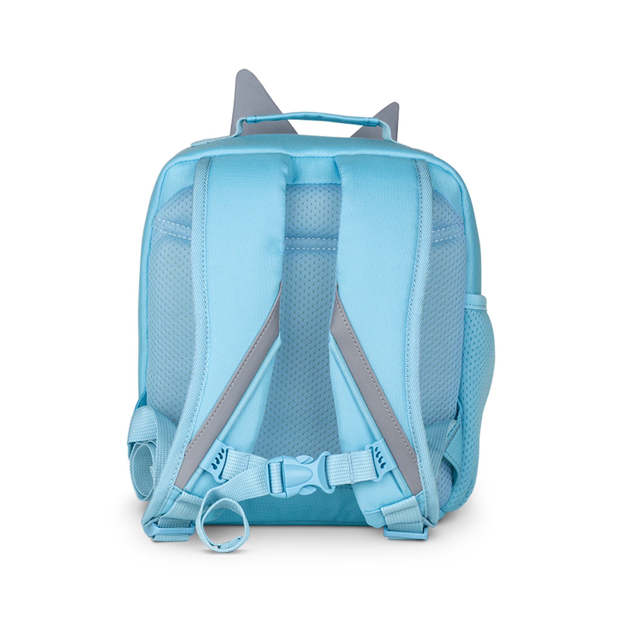 Hellblauer Rucksack mit grauen Akzenten und Katzenohren. Mit Mesh-Rücken, Trägern und einem Griff.