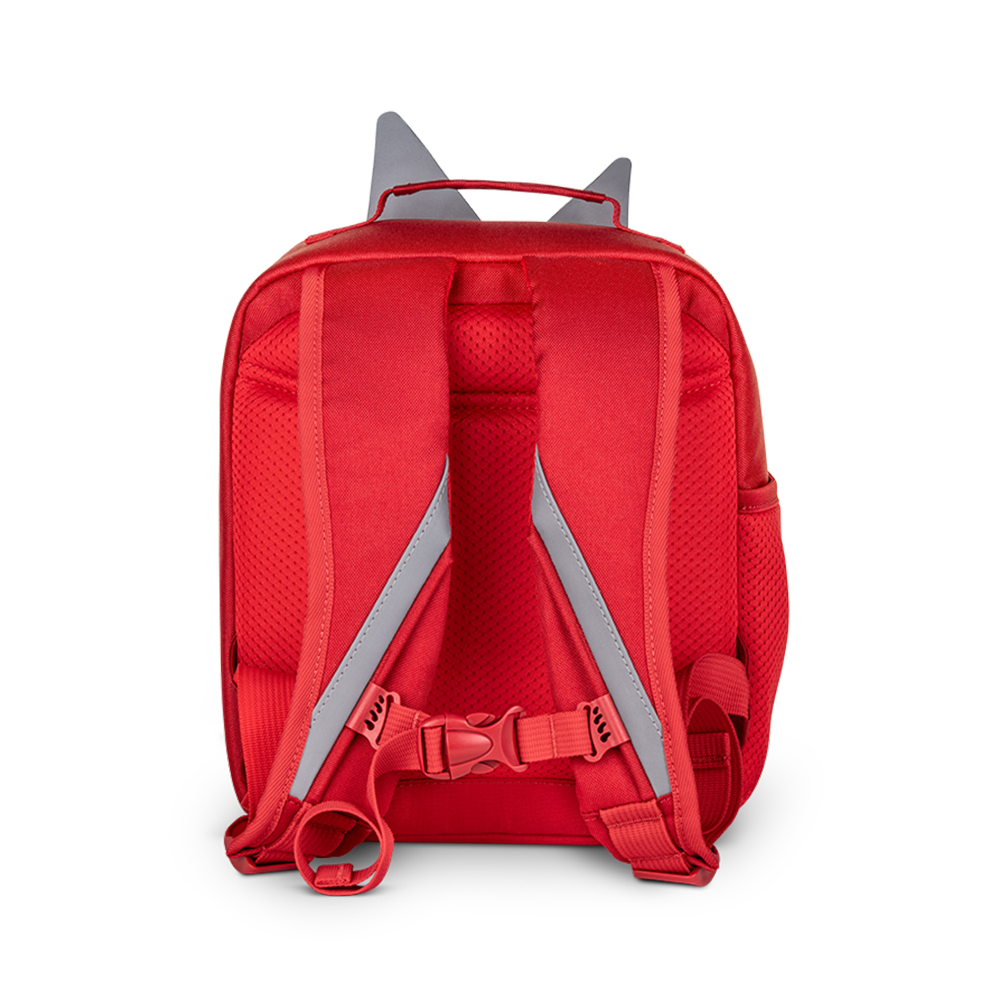 Roter Rucksack mit grauen Akzenten, Katzenohren-Design und reflektierenden Streifen auf weißem Hintergrund.