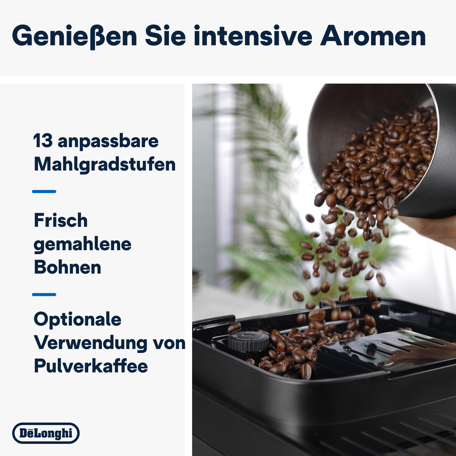Kaffeebohnen gießen aus einem Behälter in eine schwarze Kaffeemaschine. Der Text oben lautet: 'Genießen Sie intensive Aromen'.