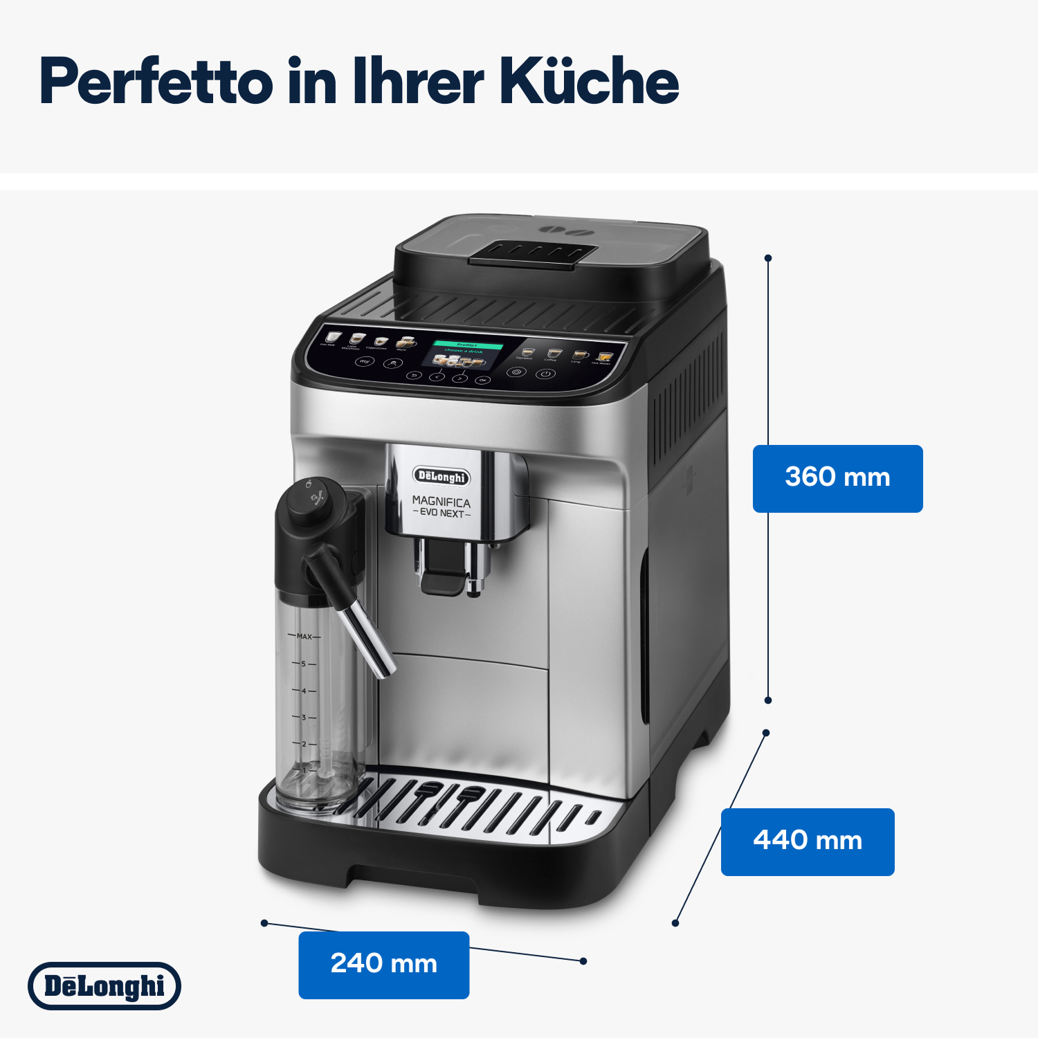 Eine De'Longhi Magnifica Evo Next Kaffeemaschine. Sie ist silber und schwarz, mit angegebenen Abmessungen. Das Markenlogo befindet sich unten.