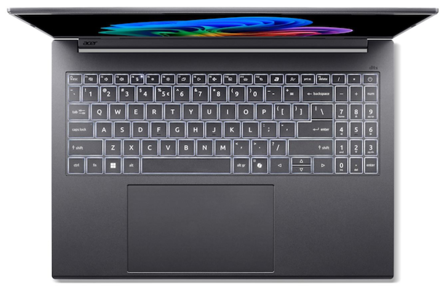 Vista superior de un portátil con teclado iluminado. La pantalla muestra una imagen abstracta colorida. El teclado es gris oscuro.
