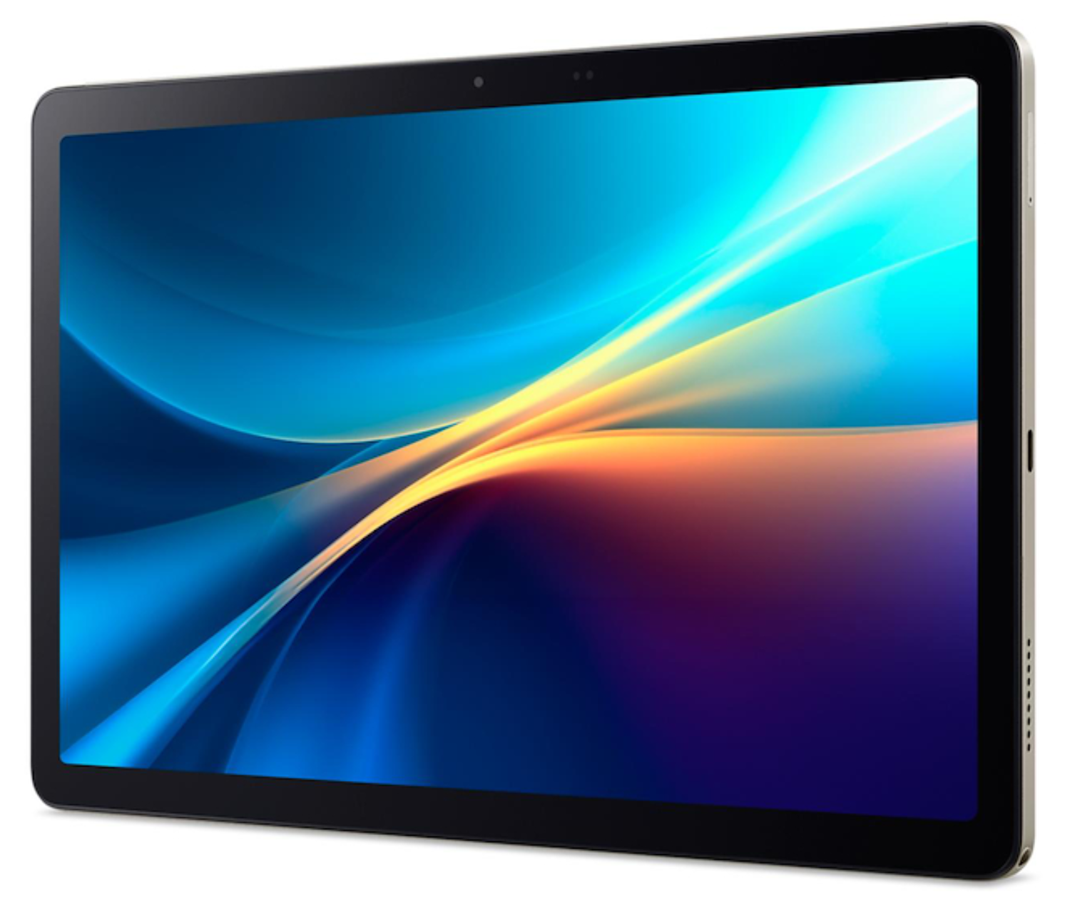 Una tableta con una pantalla que muestra un diseño abstracto colorido. La tableta es negra con un marco plateado. El fondo es blanco.