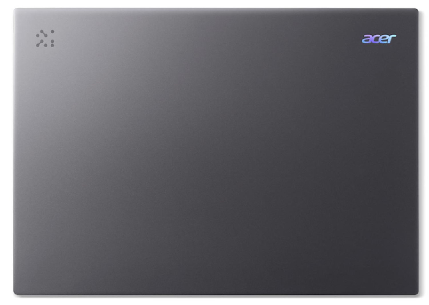 Tapa de portátil gris con el logotipo de Acer y un patrón de puntos. La tapa es de color gris oscuro uniforme.