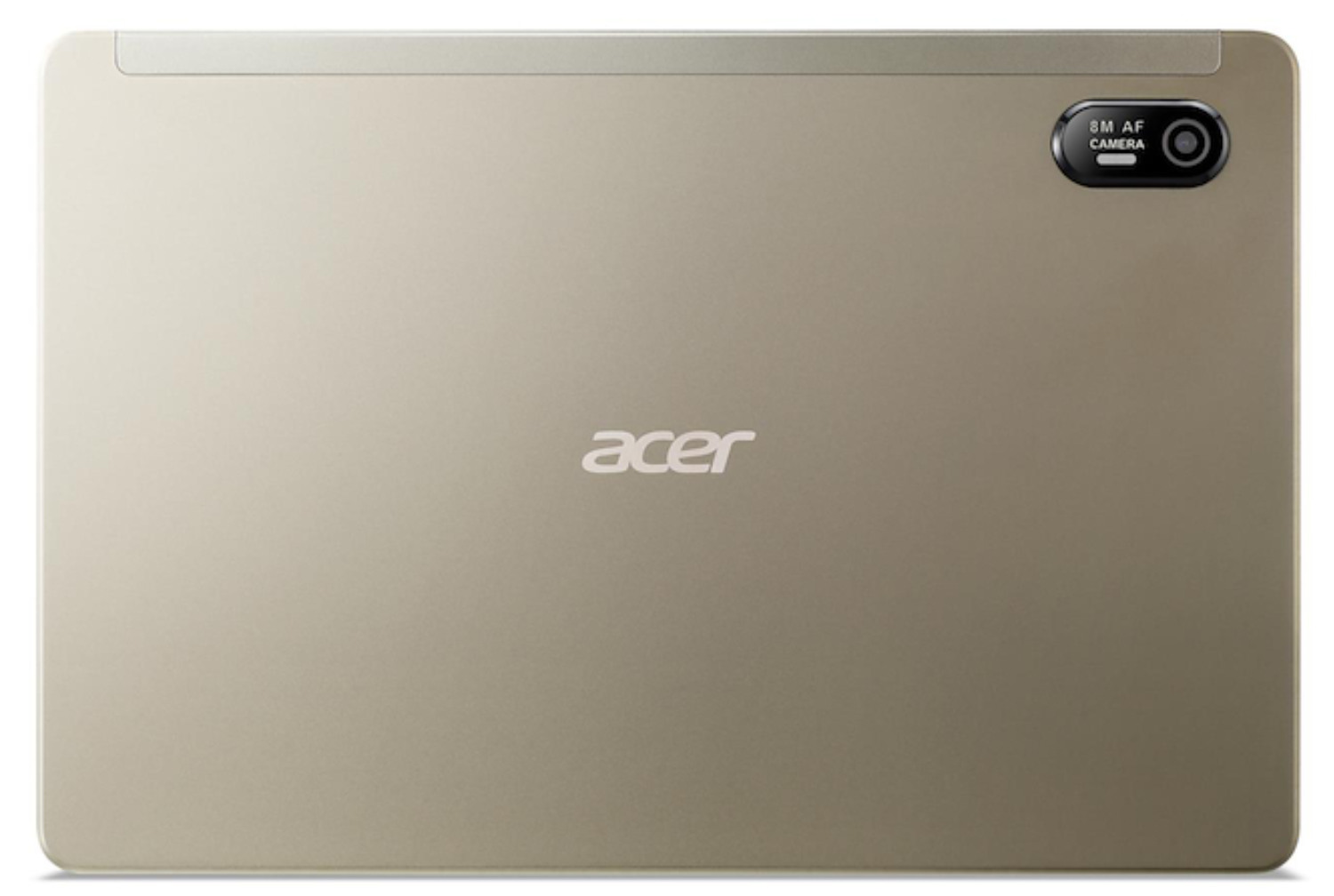 Parte trasera de una tableta dorada con cámara, logotipo de Acer y las palabras '8M AF CAMERA'.