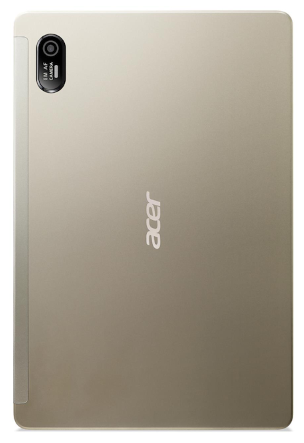 Parte trasera de una tableta. Es dorada con el logotipo de Acer. Una cámara está en la parte superior izquierda. El diseño es elegante.