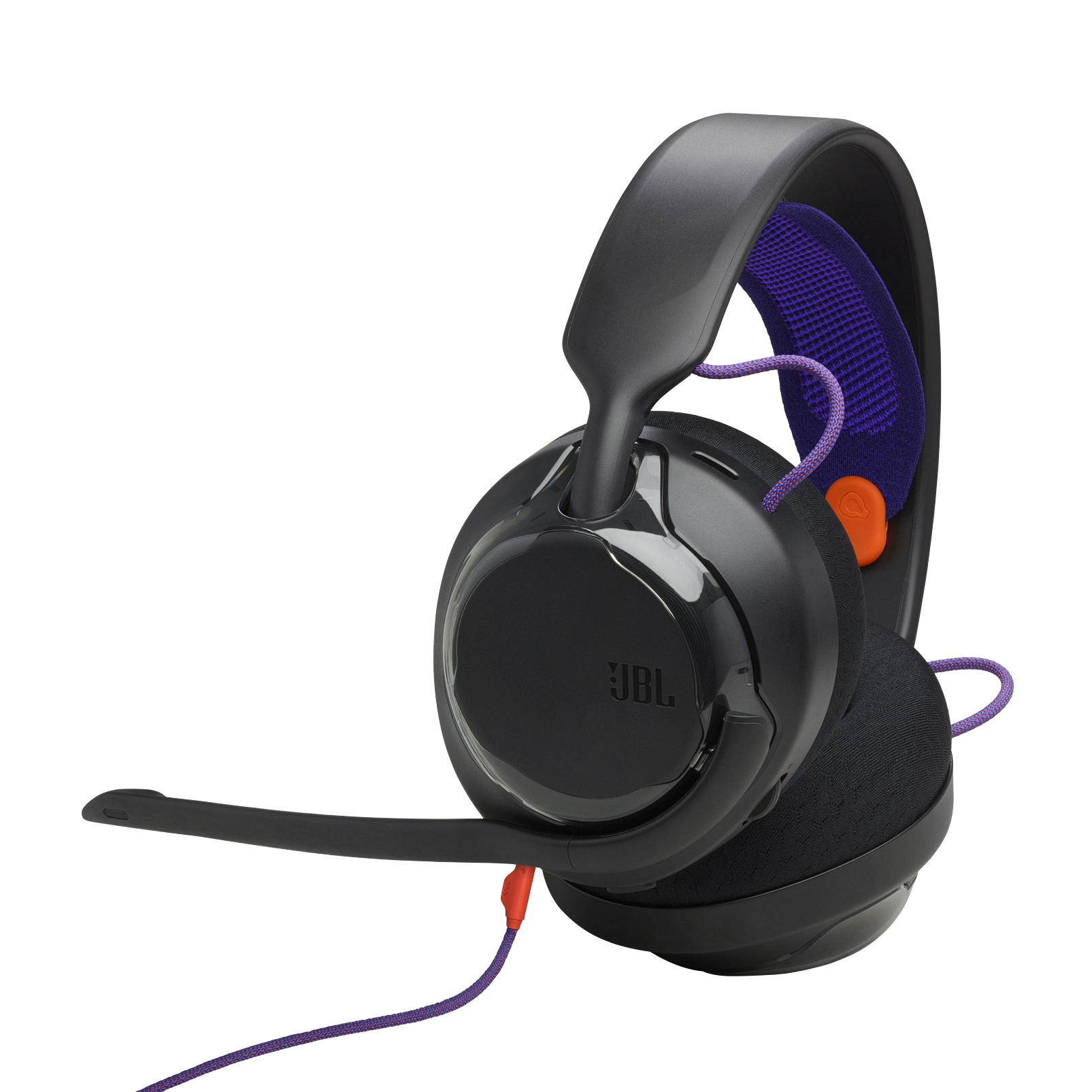 Schwarzes JBL-Headset mit lila Akzenten. Verfügt über ein Mikrofon und orangefarbene Details. Der Hintergrund ist verschwommen.