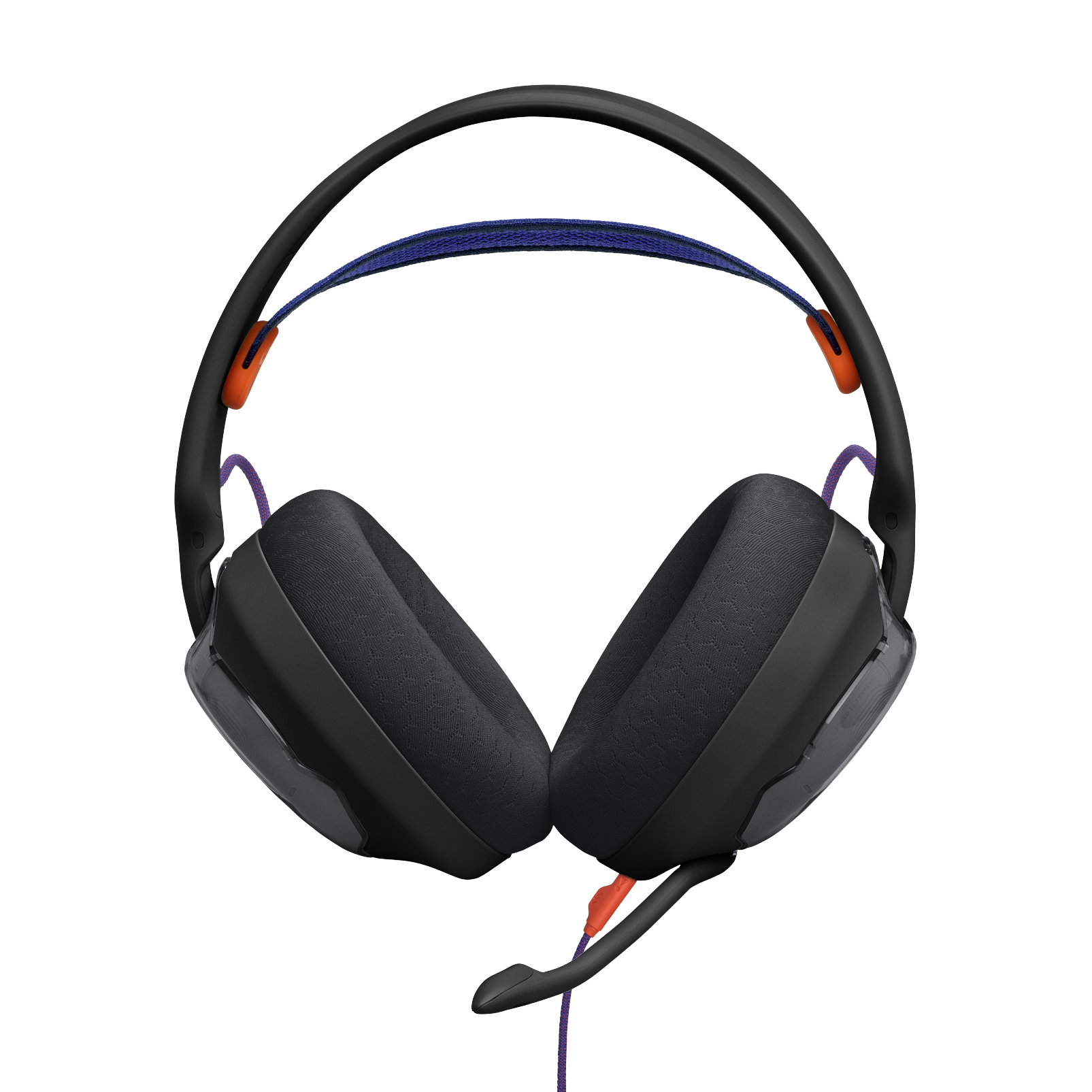 Schwarzes Headset mit blauem Stirnband, orangefarbenen Akzenten und lila Mikrofonkabel auf gestreiftem Hintergrund.