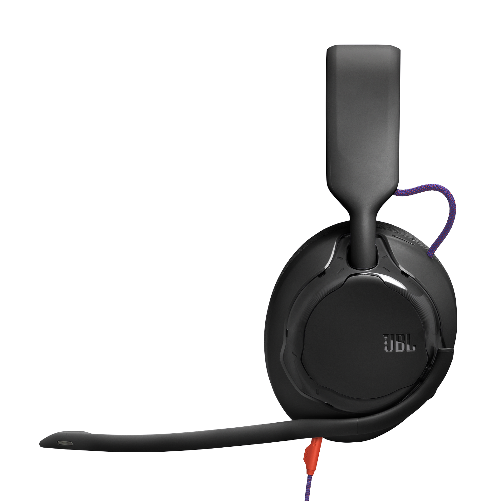 Schwarzes JBL-Headset mit lila Kabel. Rotes Kabelende. Das Headset befindet sich auf einem Hintergrund mit Lila- und Grautönen.