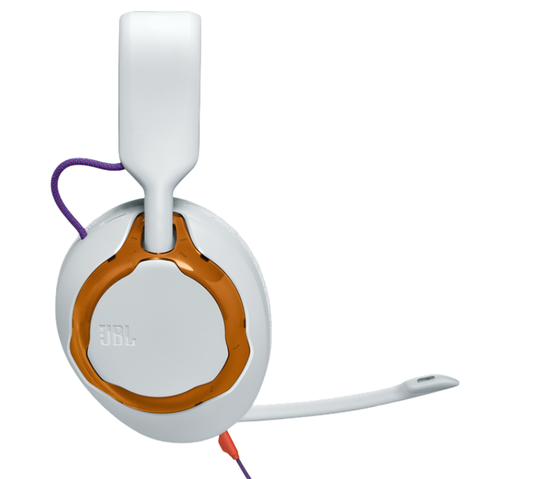 Weiß-oranges JBL-Gaming-Headset auf schwarzem Hintergrund. Es hat ein eingebautes Mikrofon und ein lila Kabel.