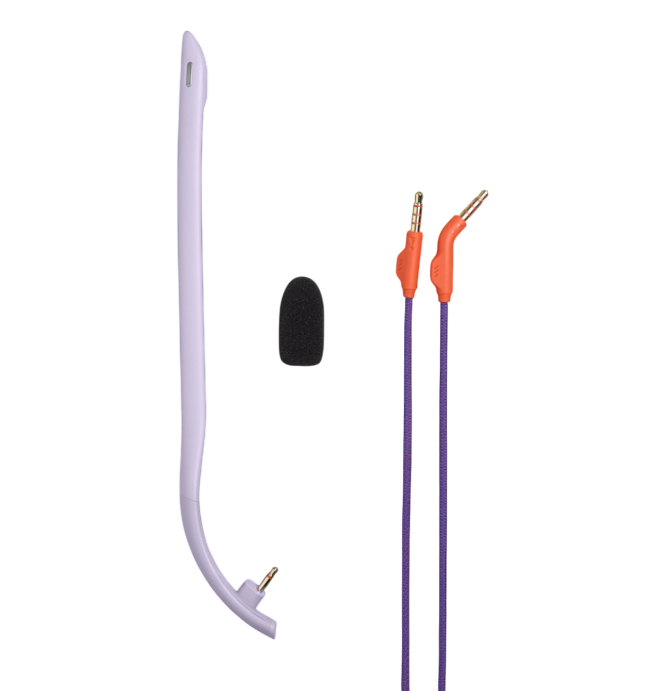 Ein Headset mit lila Kabeln und orangefarbenen Steckern. Enthält ein Mikrofon und ein helllila Ohrteil.