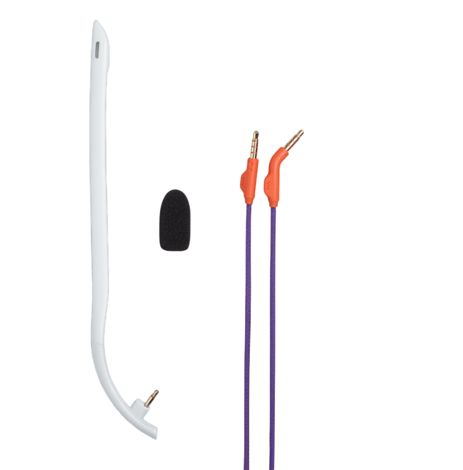 Weißes Headset-Komponente, schwarze Mikrofonabdeckung und orangefarbene Kabel mit lila Schnüren. Schwarzer Hintergrund.