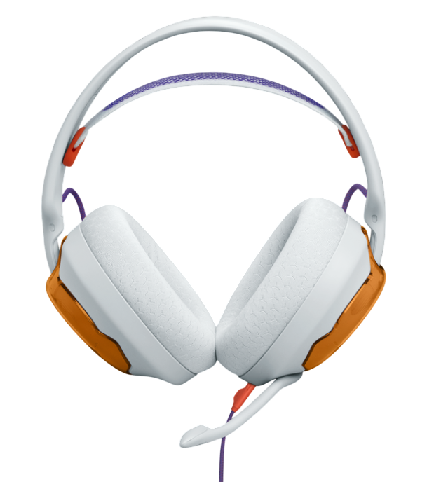 Weiß-oranges Gaming-Headset mit lila Kopfband und Mikrofon. Die Ohrmuscheln sind weiß mit strukturiertem Design.