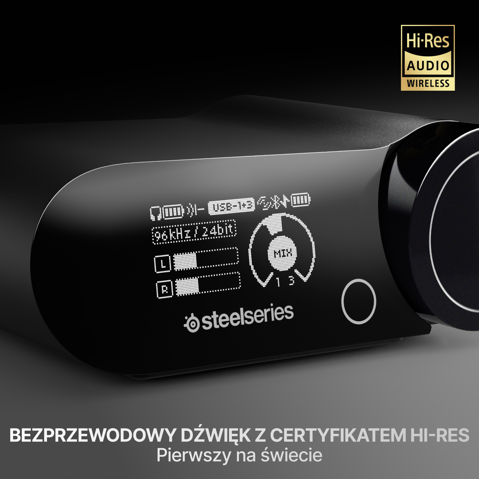 Czarne urządzenie z ekranem pokazującym ustawienia i logo Hi-Res Audio Wireless. Tekst poniżej: Dźwięk bezprzewodowy z certyfikatem Hi-Res.