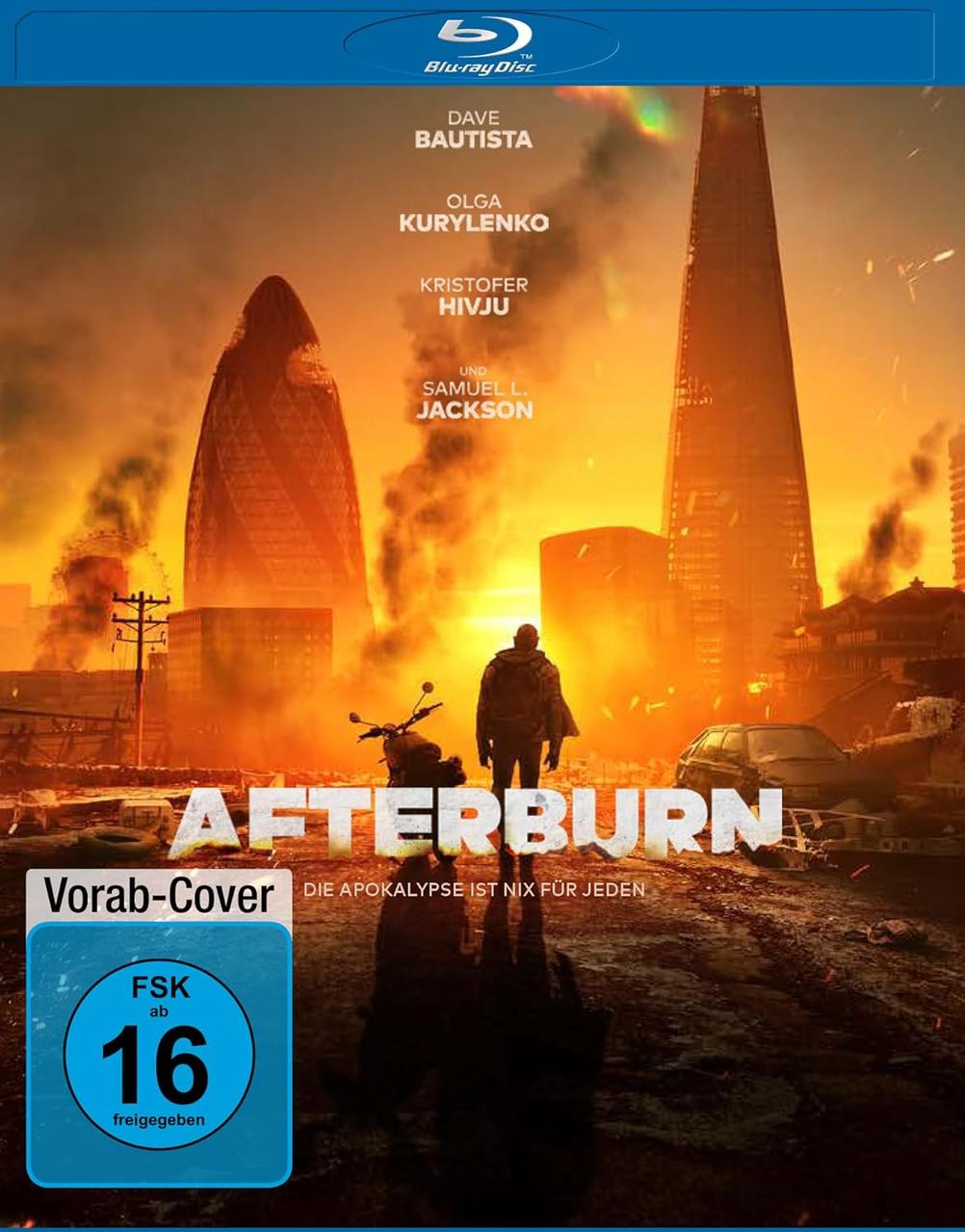 Filmplakat. Eine postapokalyptische Szene mit einer Figur, brennenden Gebäuden und dem Titel 'AFTERBURN'.