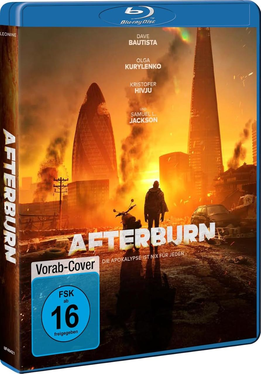 Blu-ray-Cover von 'Afterburn'. Eine Figur steht vor einer postapokalyptischen Stadtlandschaft mit brennenden Gebäuden. Der Himmel ist orange.