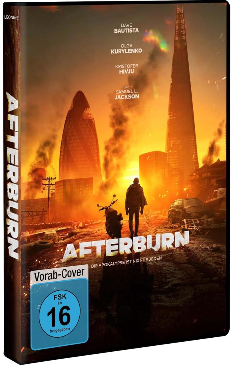 DVD-Cover für Afterburn, zeigt eine postapokalyptische Stadtlandschaft mit einem Mann und einem Motorrad. Gebäude brennen im Hintergrund.