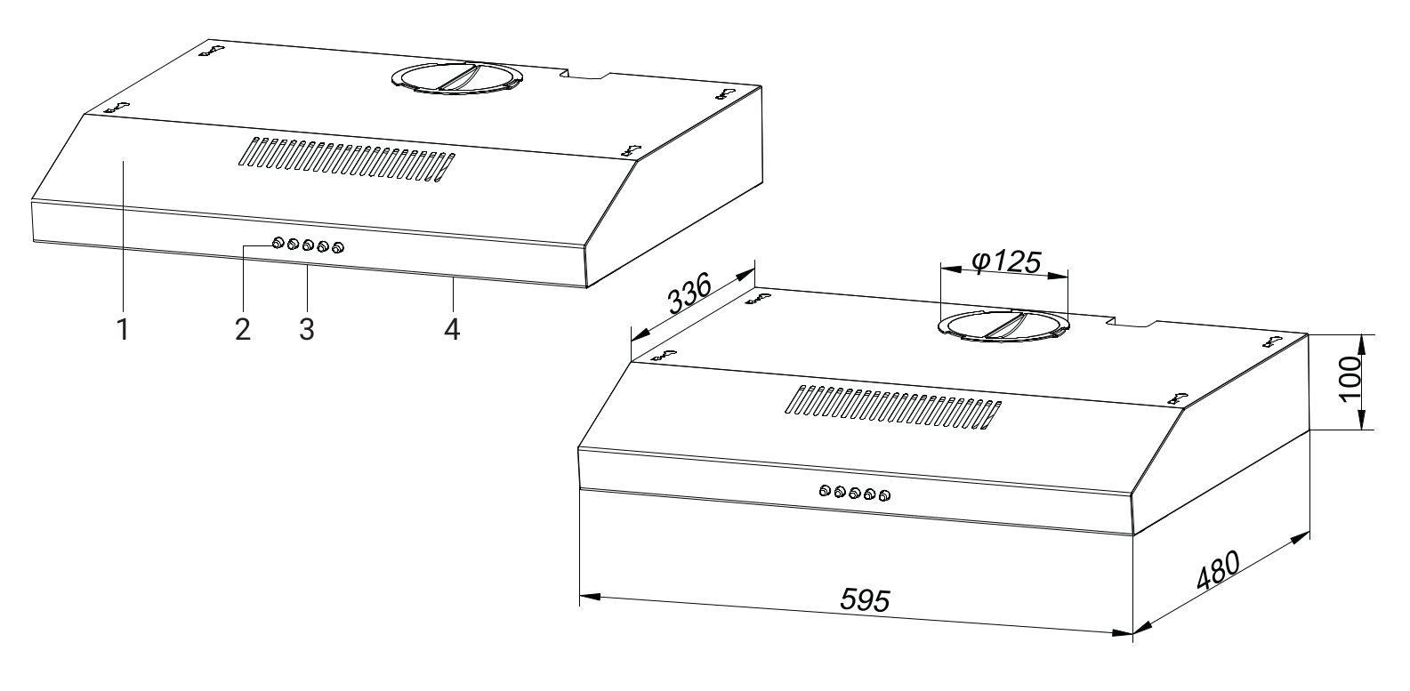 Két páraelszívó diagramja. Méretek: 595x480x100mm, 336mm és 125mm. Gombok és szellőzés látható.