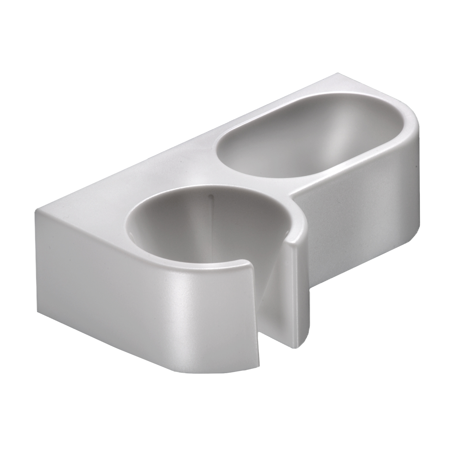 Un supporto in plastica grigio chiaro con due aperture rotonde di dimensioni diverse, su sfondo bianco.