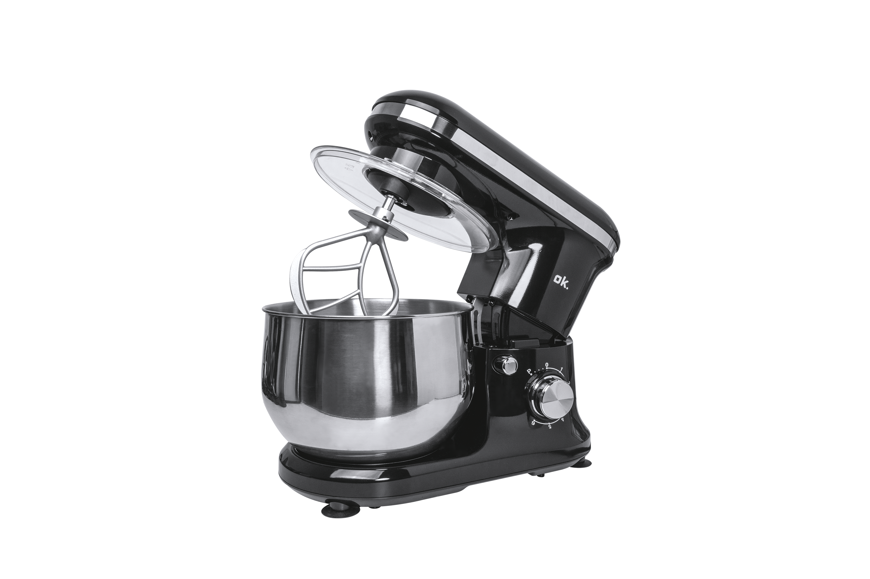 Ein schwarzer und silberner Küchenmixer mit Edelstahlschüssel und Rührwerk auf weißem Hintergrund.
