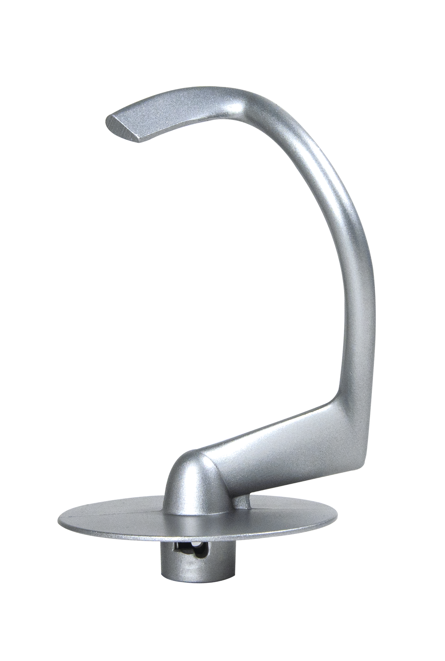Ein metallisches, gebogenes Küchengeräteteil. Es hat eine flache Basis, einen gebogenen Arm und ein rechteckiges Ende. Die Farbe ist Silber.