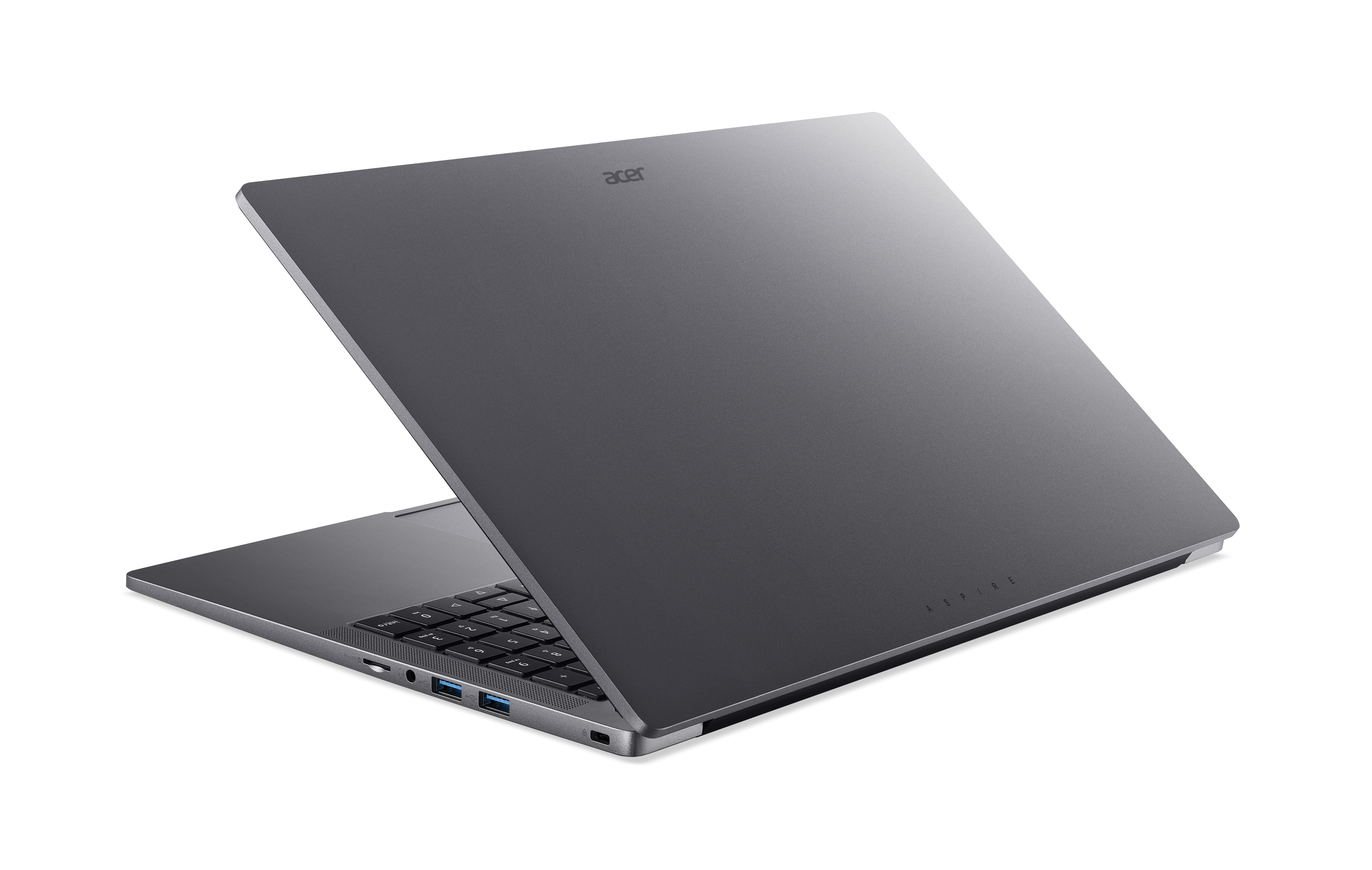 Ein grauer Acer-Laptop ist geöffnet. Die Tastatur ist sichtbar, mit USB-Anschlüssen. Der Hintergrund ist weiß.