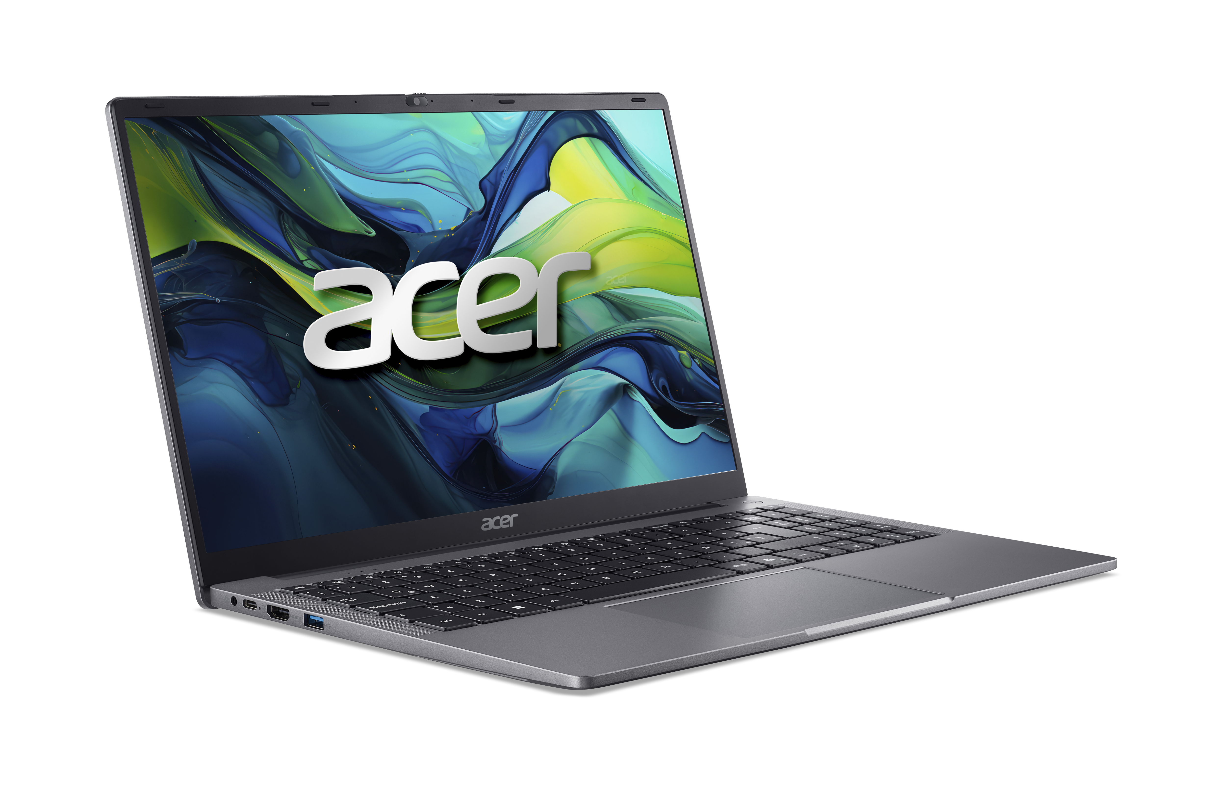 Grauer Acer-Laptop, geöffnet. Bildschirm mit abstrakten Farben. Acer-Logo. Weißer Hintergrund. Tastatur sichtbar.