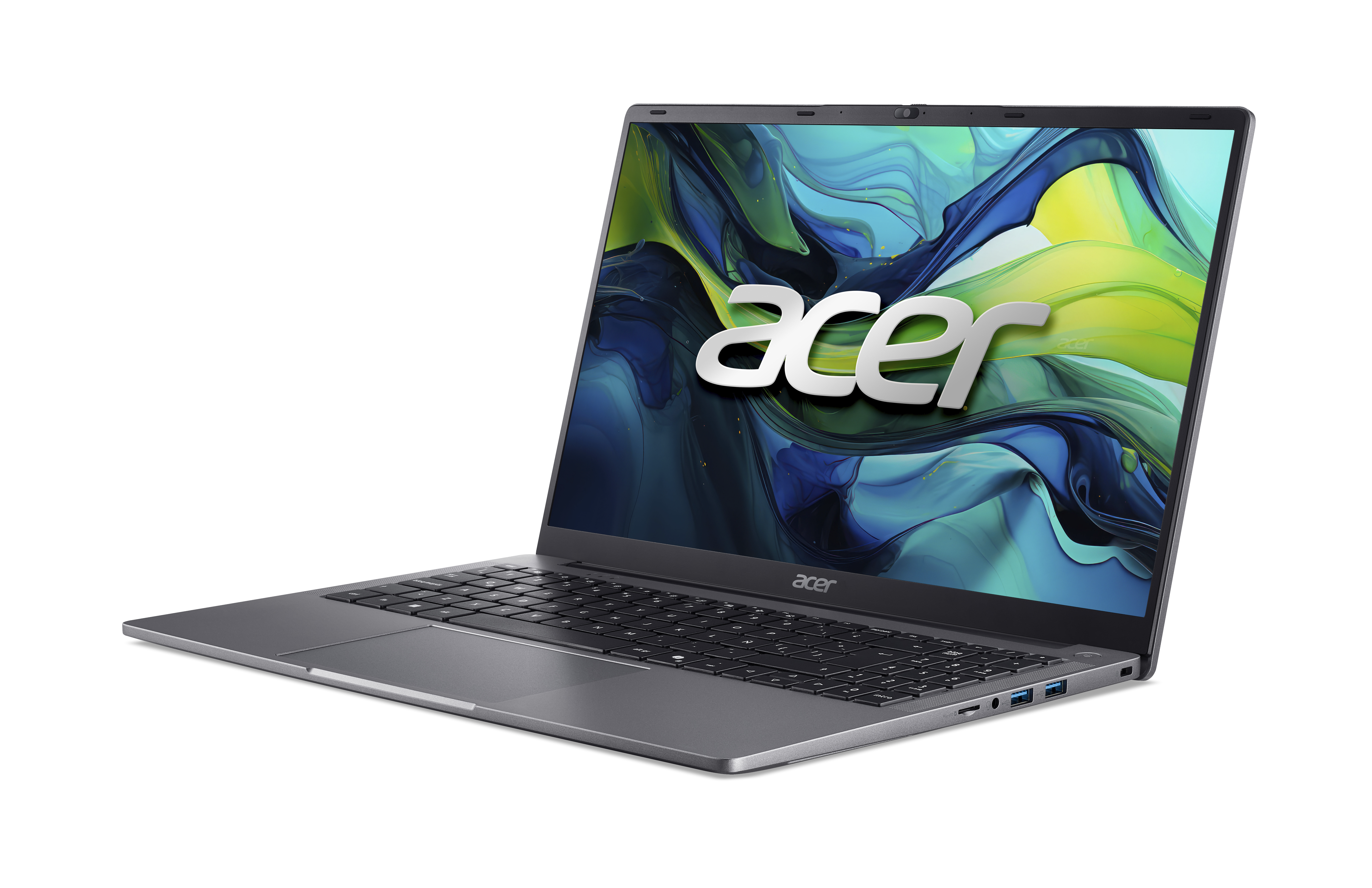 Acer-Laptop auf weißem Hintergrund, Bildschirm zeigt abstraktes Design mit Acer-Logo in der Mitte.