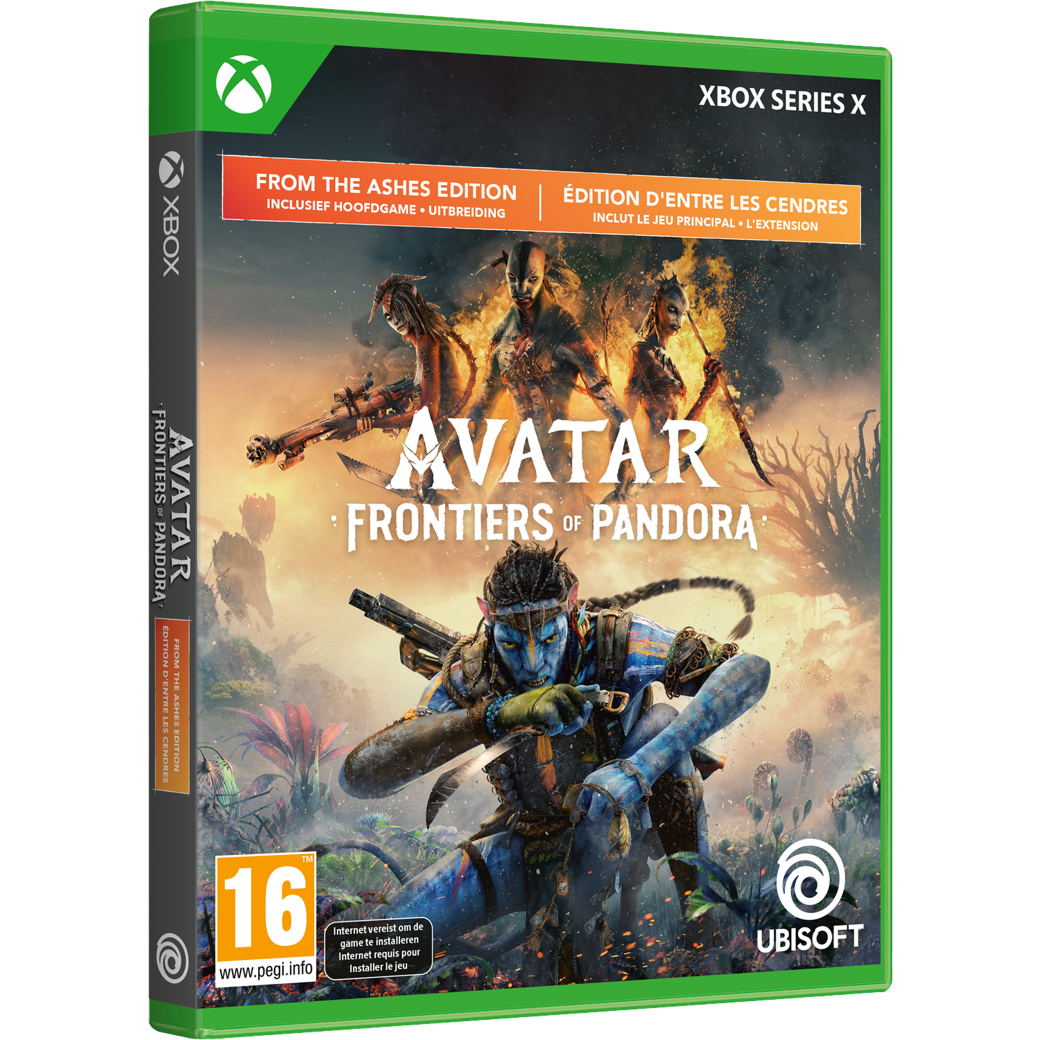 Gamebox van Avatar: Frontiers of Pandora. Toont Na'vi-personages, een vurige achtergrond en het Xbox Series X-logo.