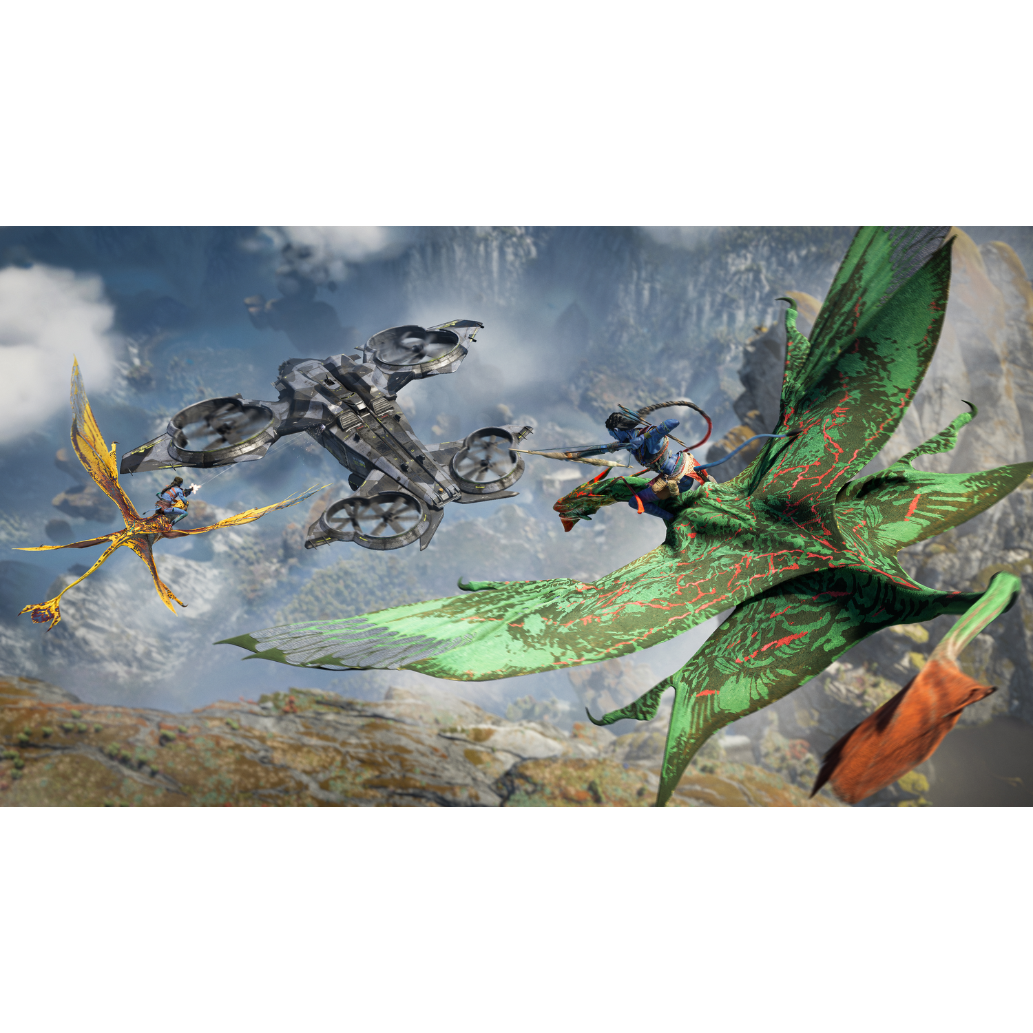 Avatar-scène: Na'vi's die op gevleugelde wezens en een futuristisch vliegtuig rijden, zwevend boven een berglandschap.