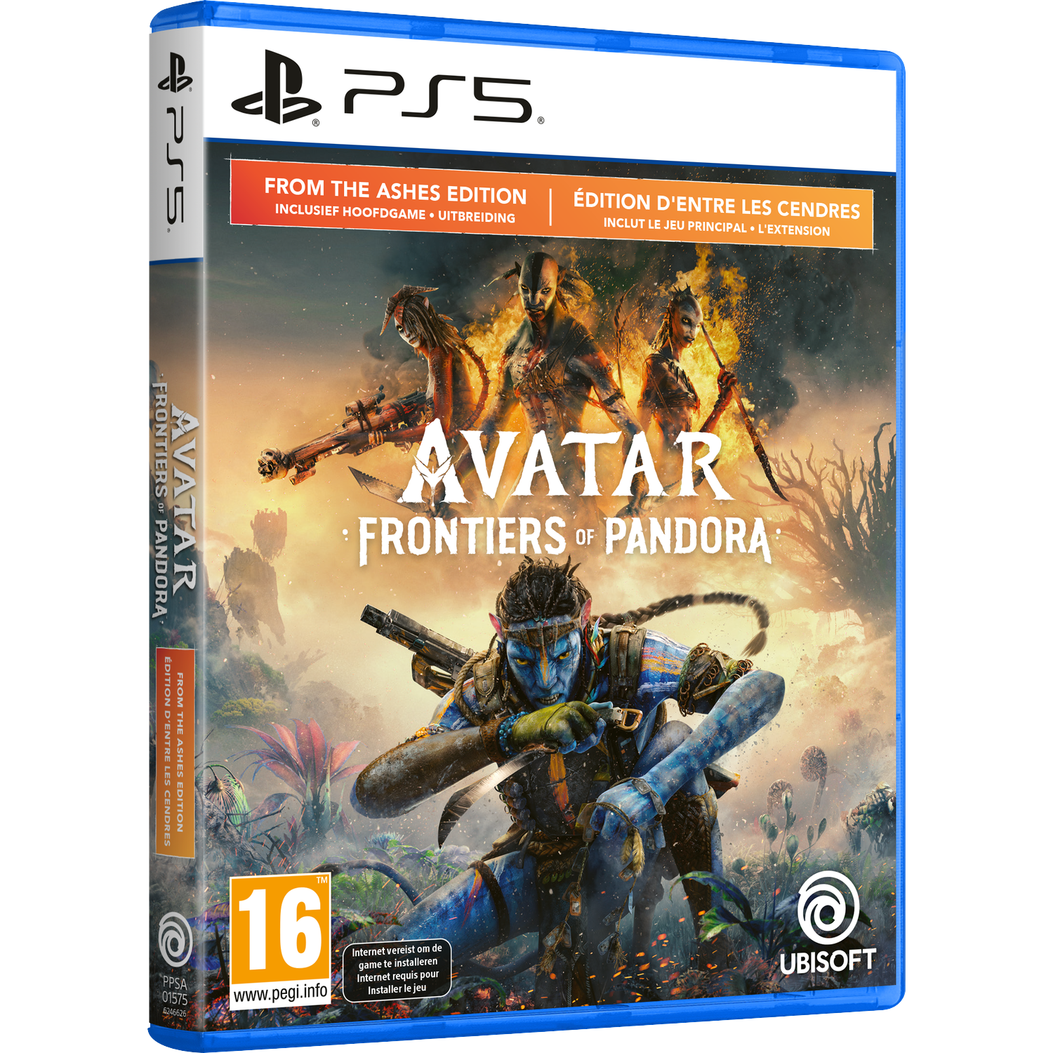PS5-gamebox voor Avatar: Frontiers of Pandora. Toont Na'vi-personages, titeltekst en een rating van 16. Bevat het Ubisoft-logo.